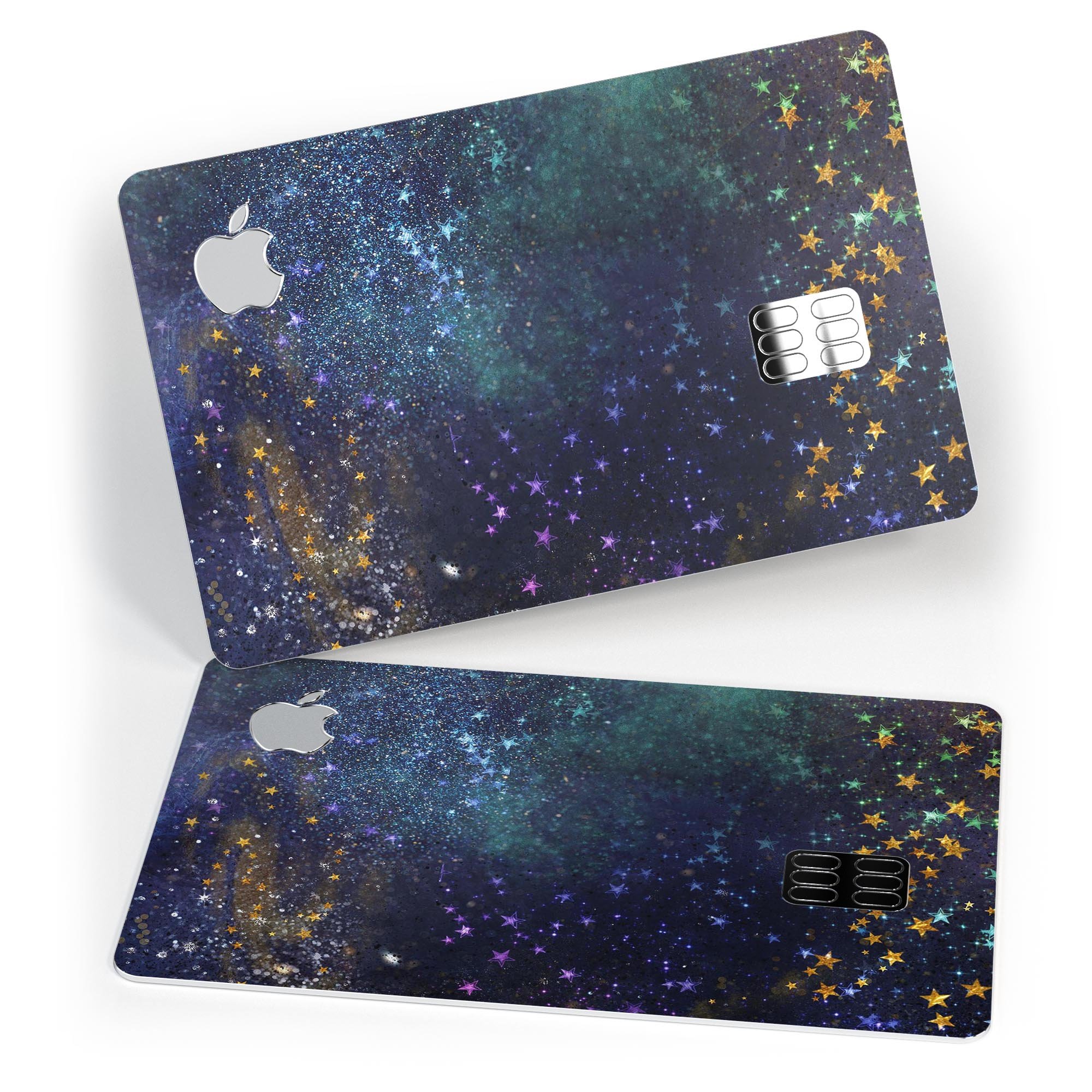 Swirling Multicolor Star Explosion decal on an Apple Card, showcasing vibrant colors and a protective design.