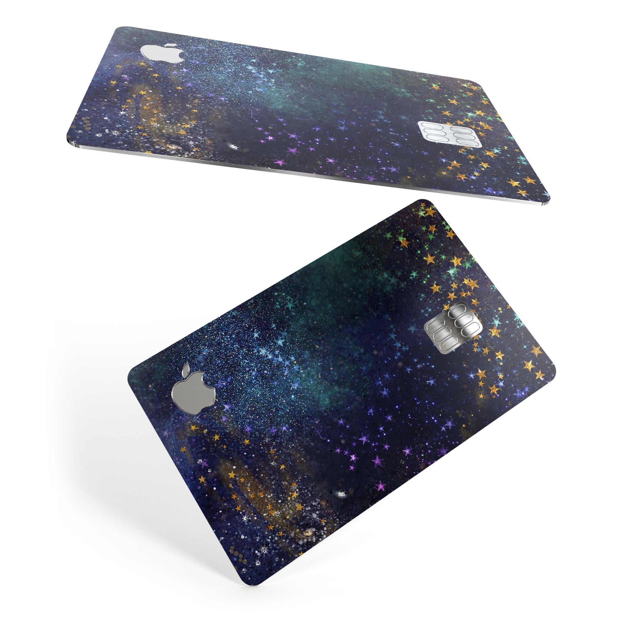 Swirling Multicolor Star Explosion decal on an Apple Card, showcasing vibrant colors and a protective design.