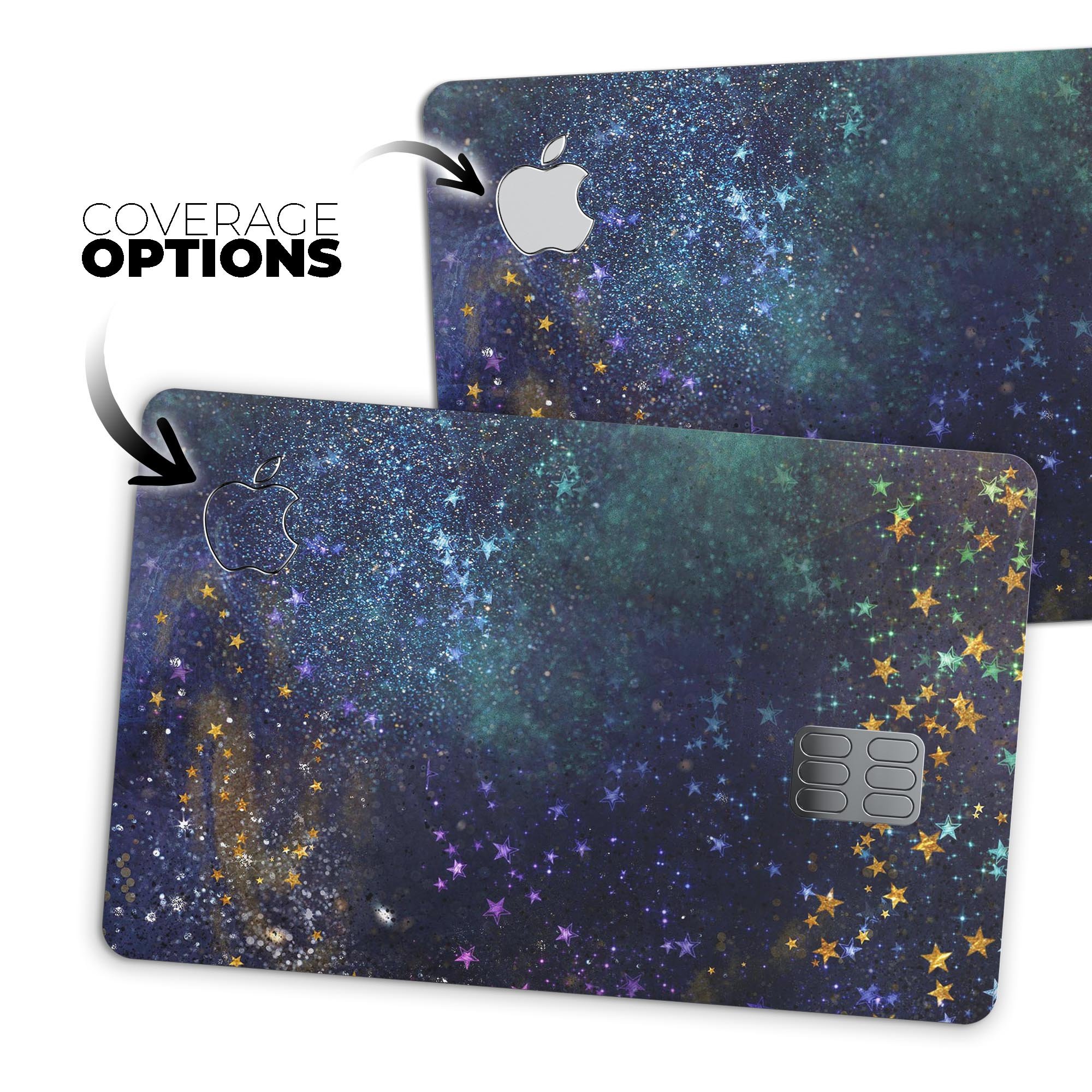 Swirling Multicolor Star Explosion decal on an Apple Card, showcasing vibrant colors and a protective design.