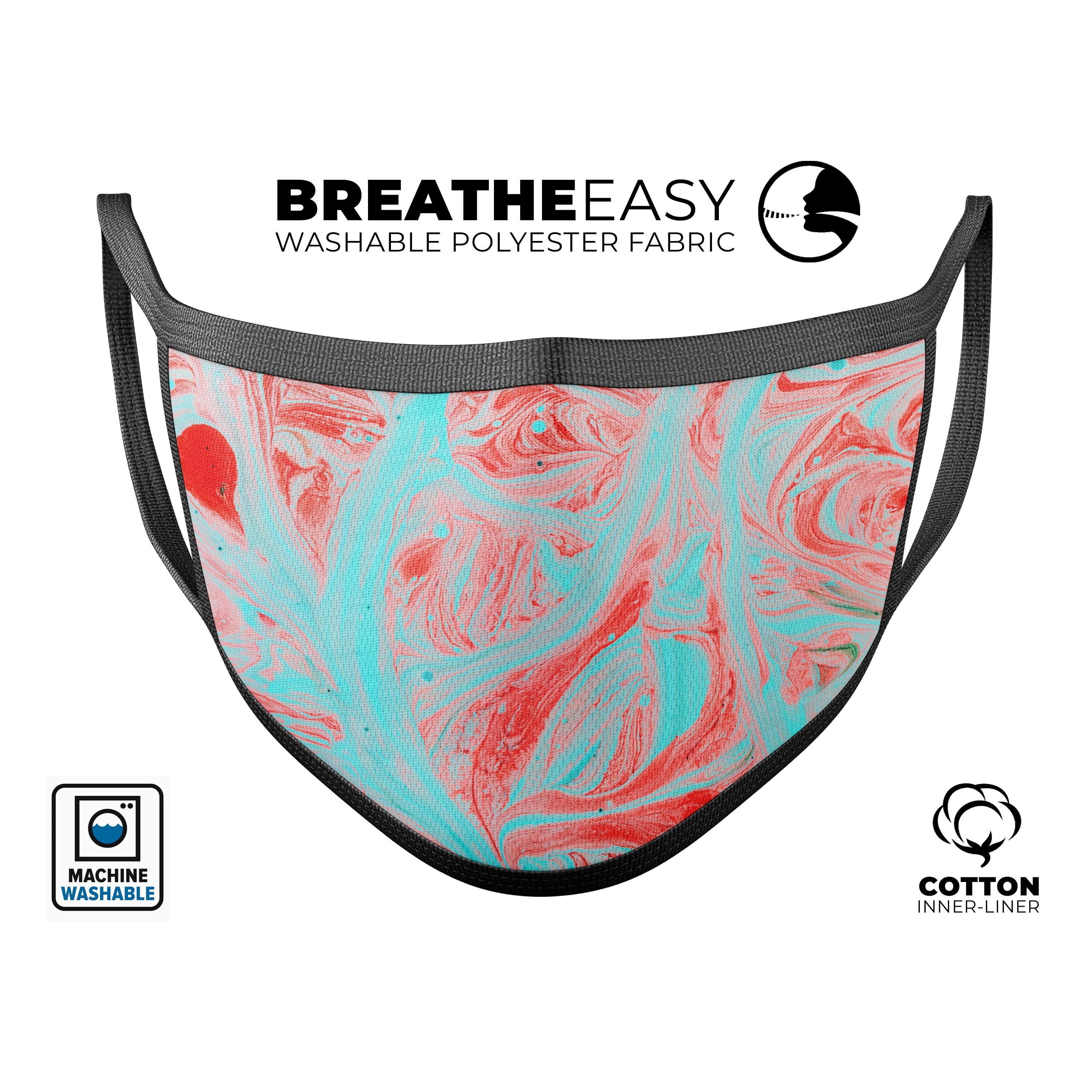 Swirling Pink and Mint Acrylic Marble face mask, showcasing vibrant colors and adjustable ear loops for a comfortable fit.