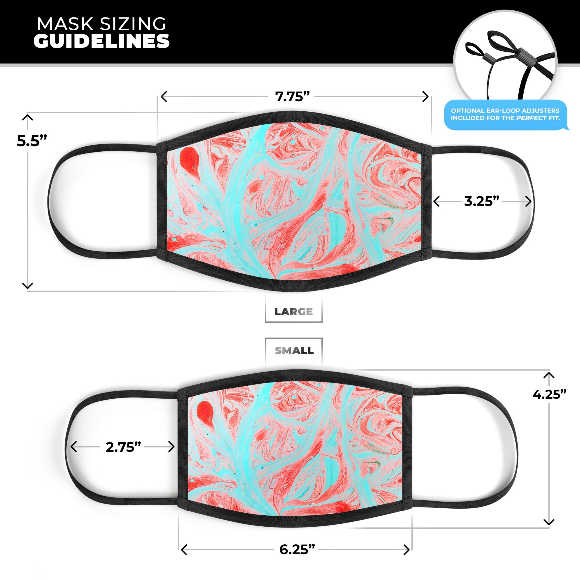 Swirling Pink and Mint Acrylic Marble face mask, showcasing vibrant colors and adjustable ear loops for a comfortable fit.