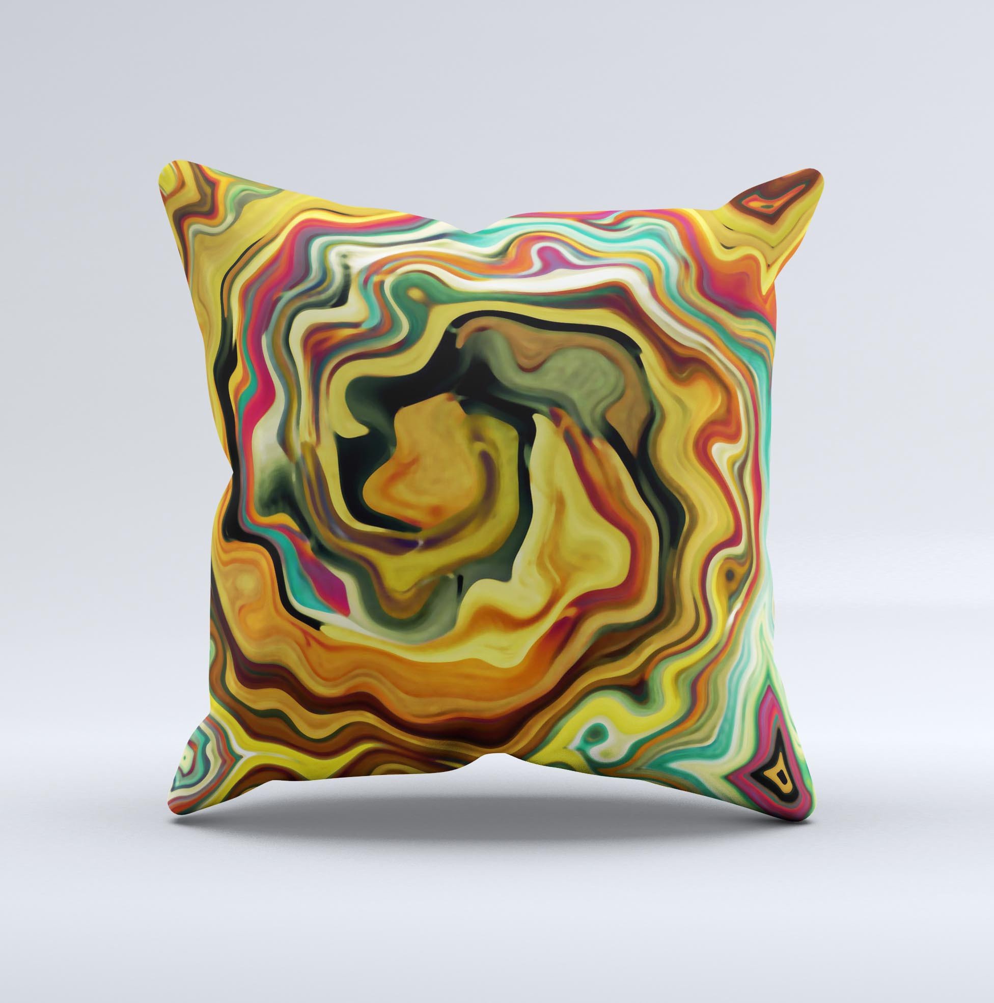 Swirly Abstract Golden Surface decorative throw pillow showcasing unique hand-produced design and high-quality fabric.