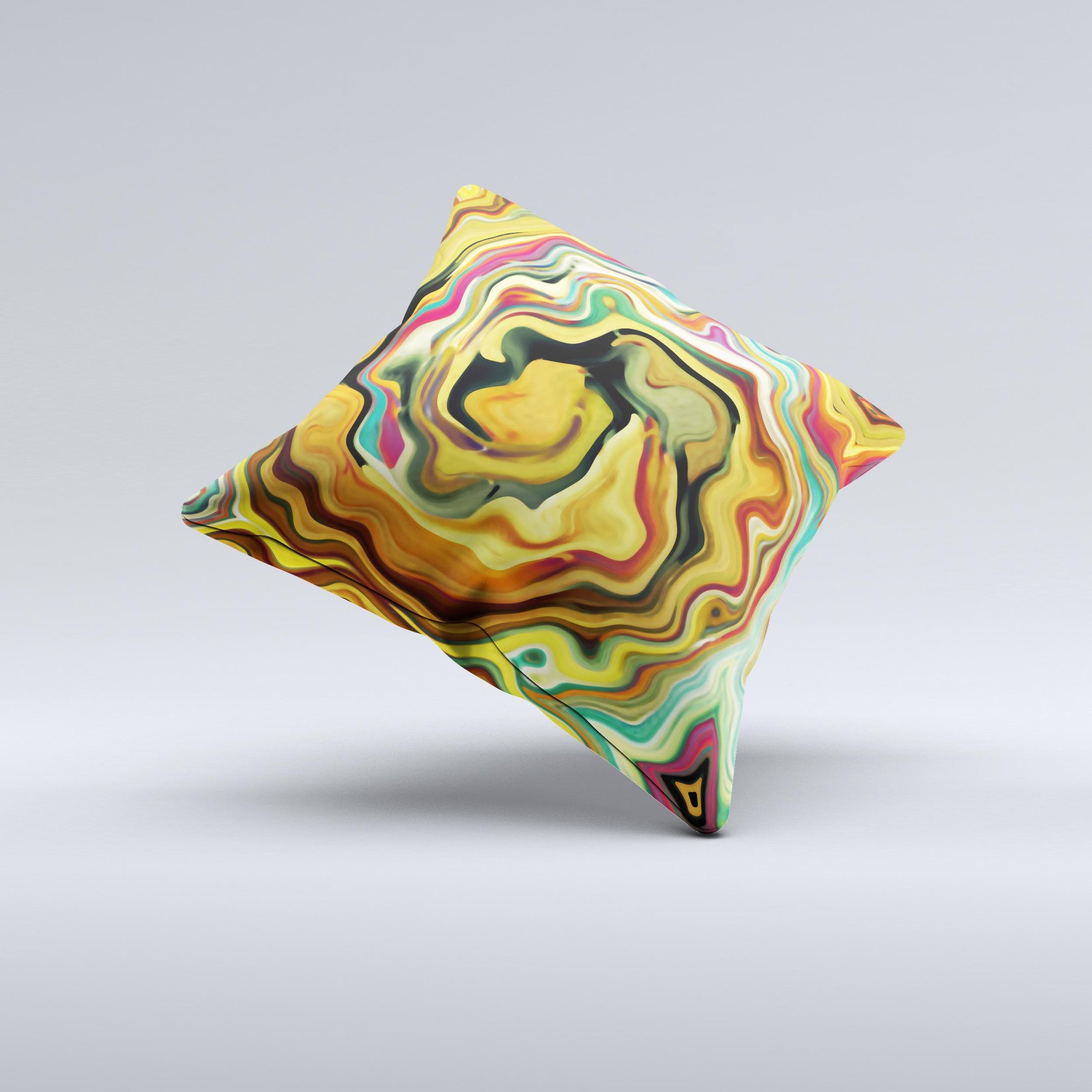 Swirly Abstract Golden Surface decorative throw pillow showcasing unique hand-produced design and high-quality fabric.