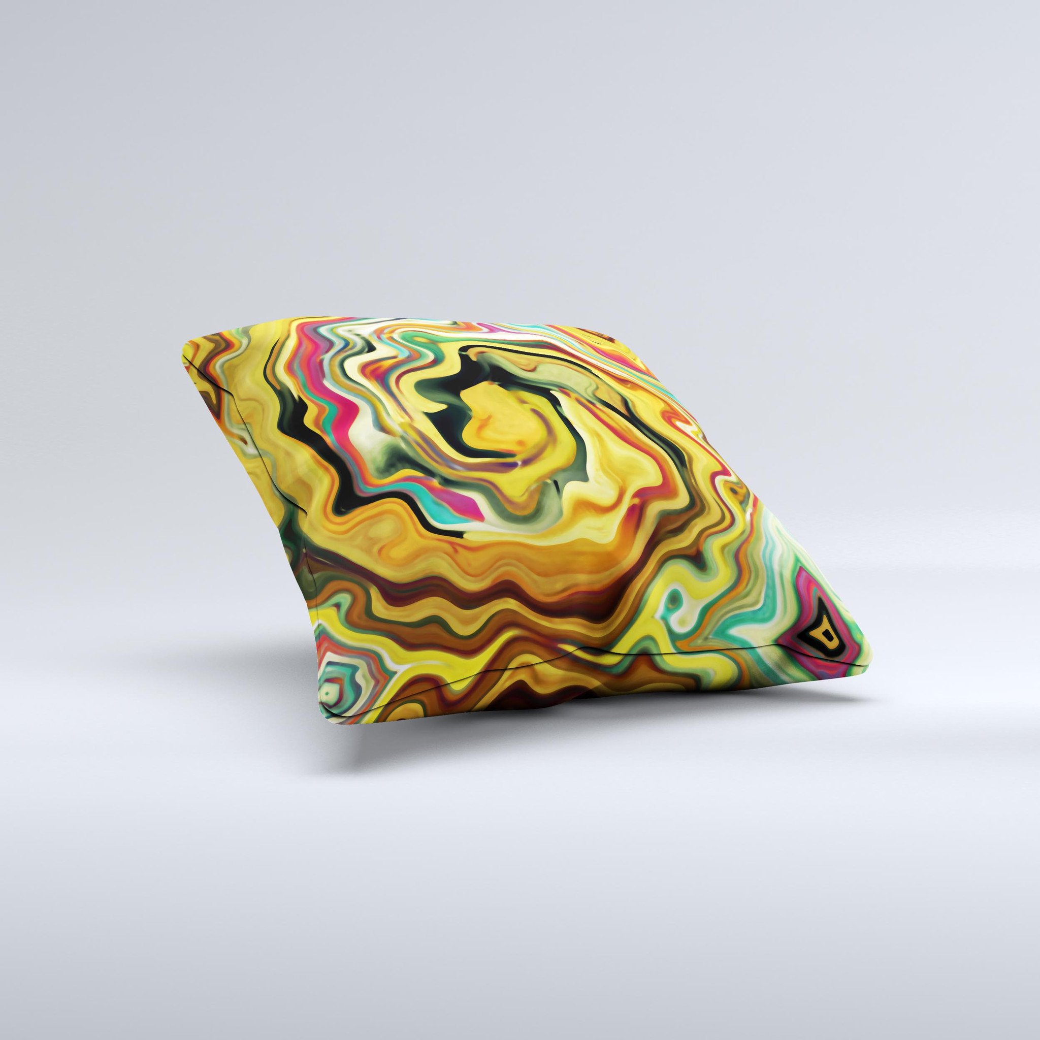 Swirly Abstract Golden Surface decorative throw pillow showcasing unique hand-produced design and high-quality fabric.