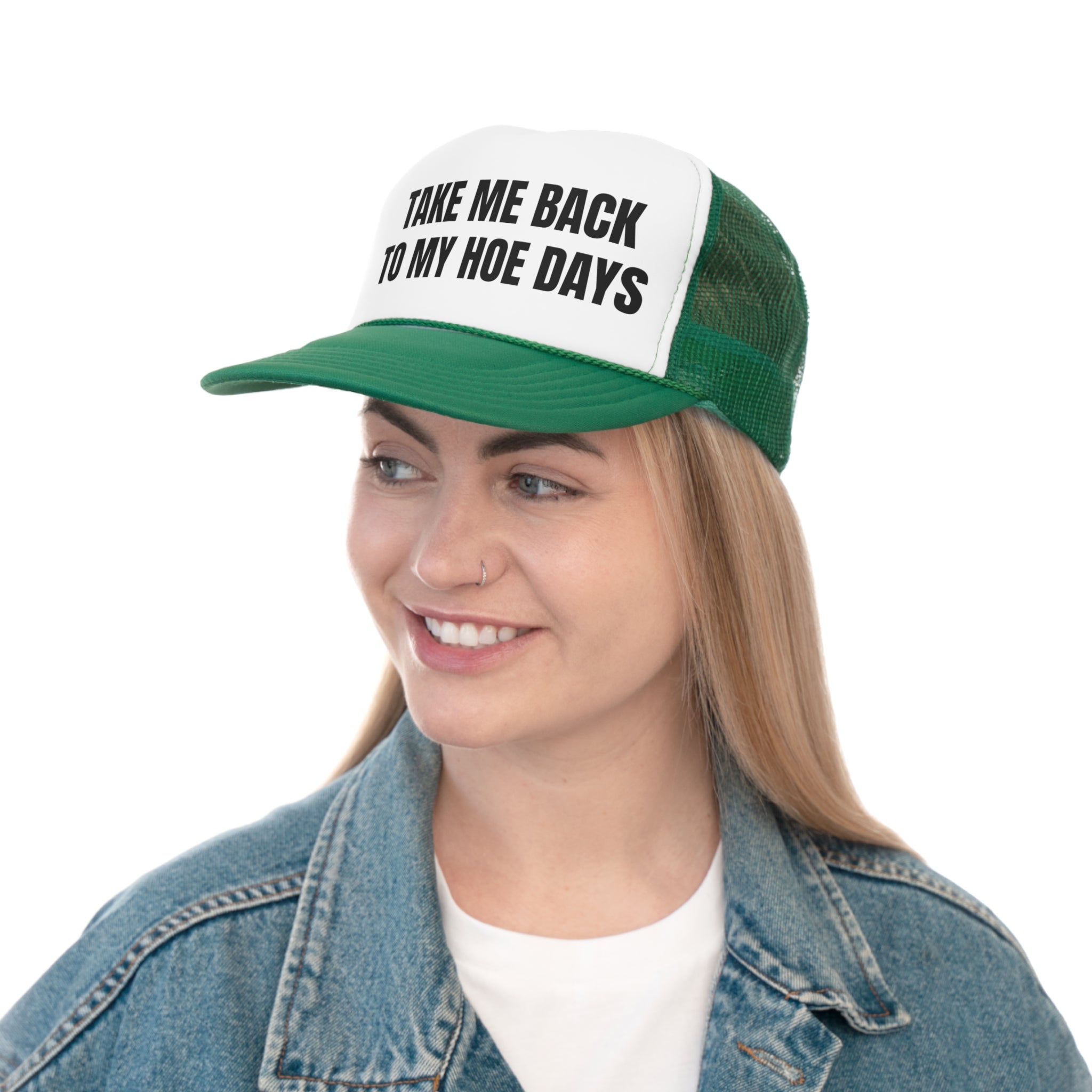 Take Me Back To My Hoe Days Funny Trucker Hat featuring a humorous design with a comfortable fit and durable materials.