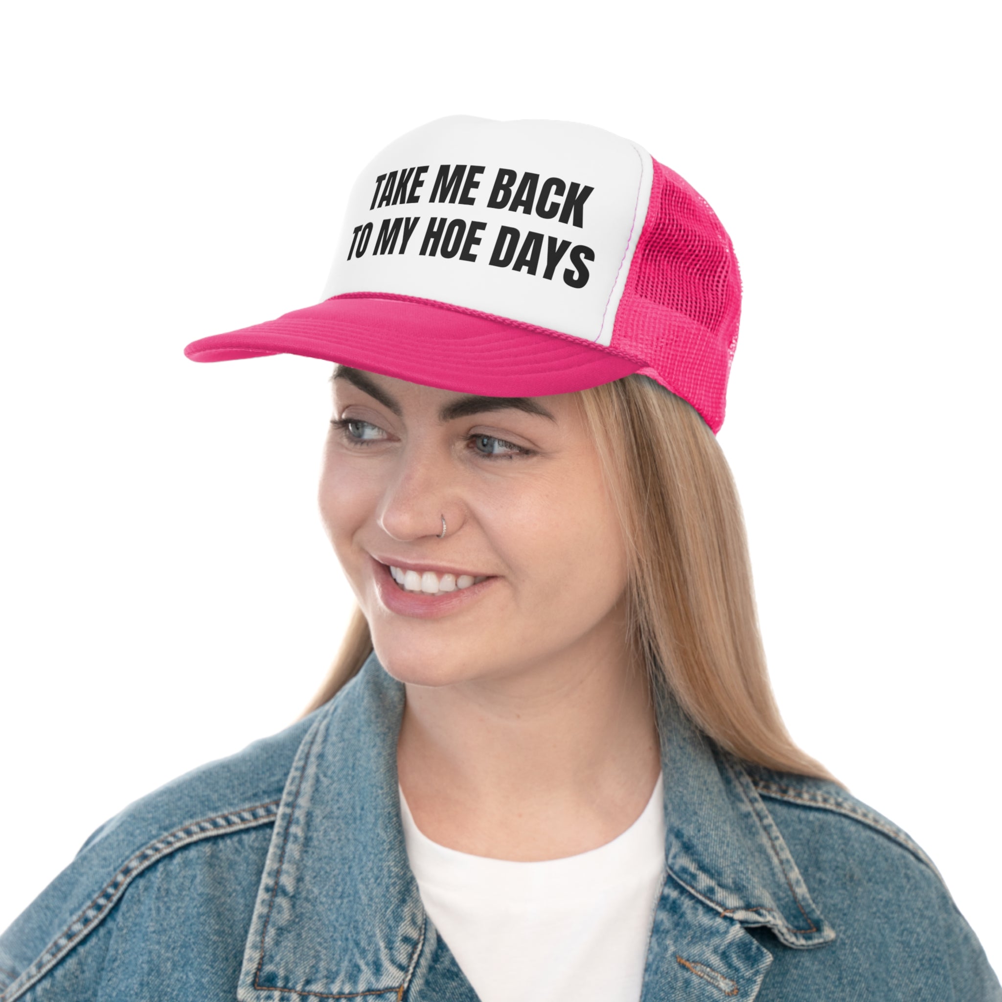 Take Me Back To My Hoe Days Funny Trucker Hat featuring a humorous design with a comfortable fit and durable materials.