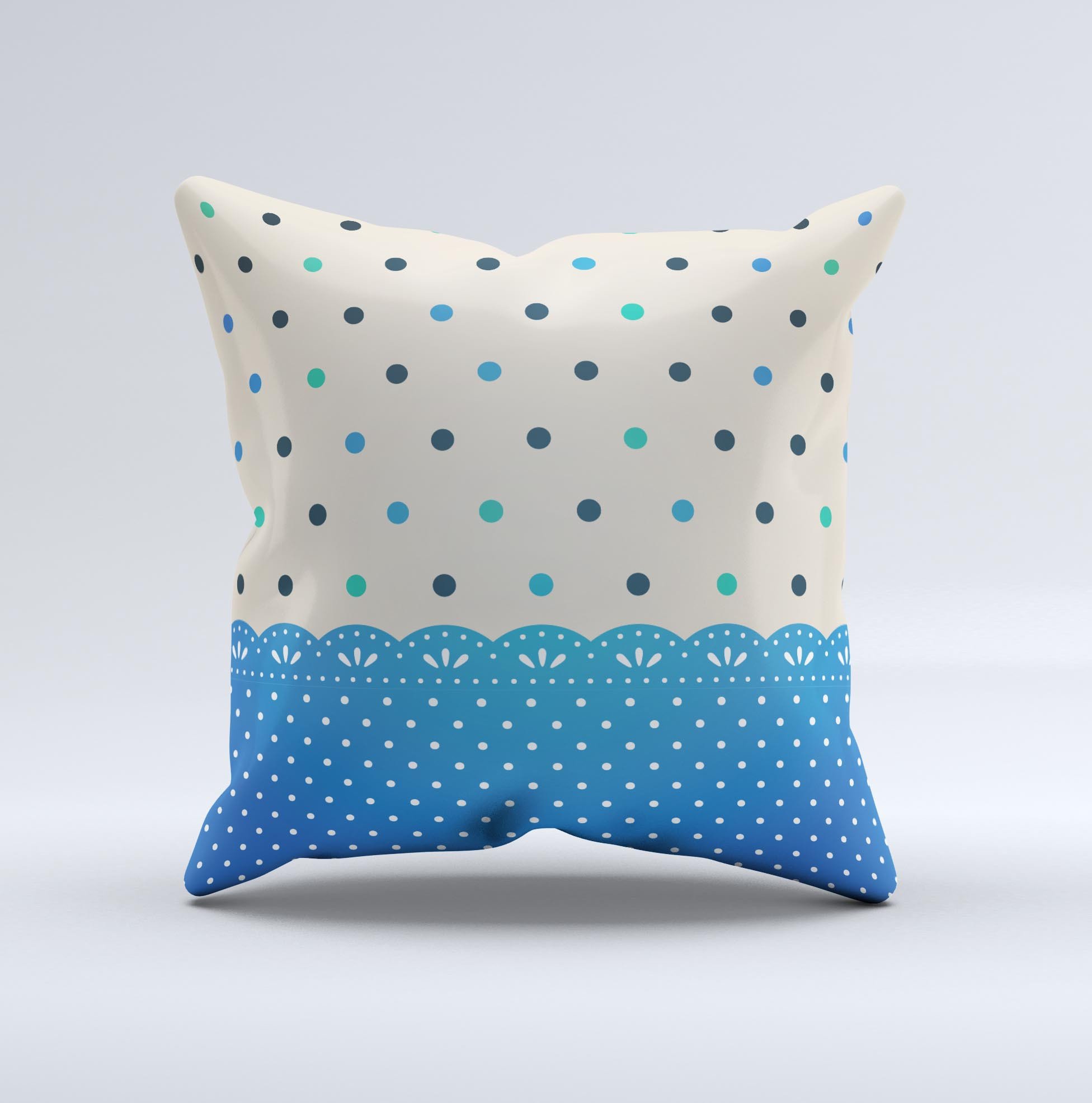 Tan and blue decorative throw pillow with polka dots, showcasing a unique handmade design and high-quality fabric.