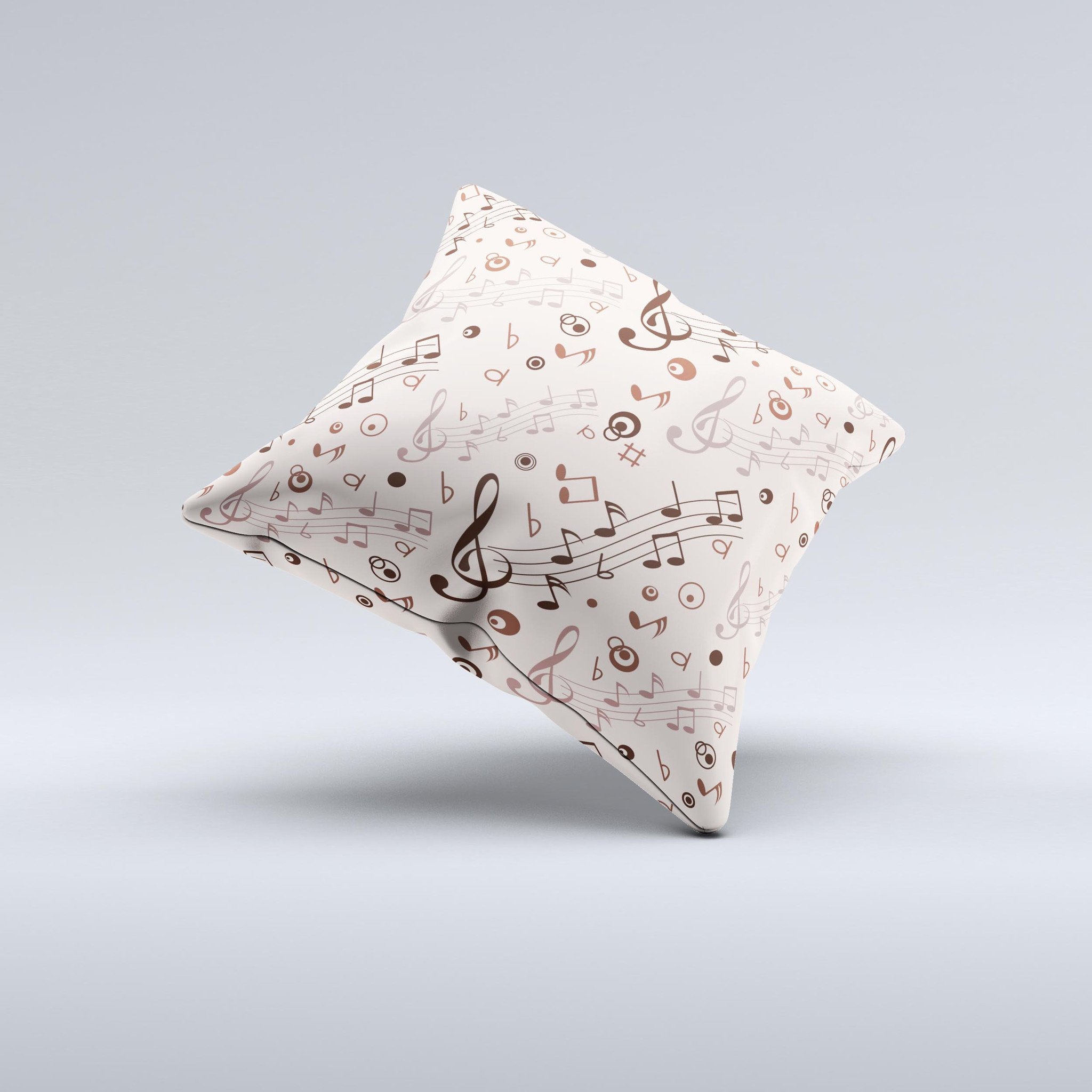 Tan decorative throw pillow featuring a unique music note pattern, handmade in Virginia with high-quality fabric and polyester filling.