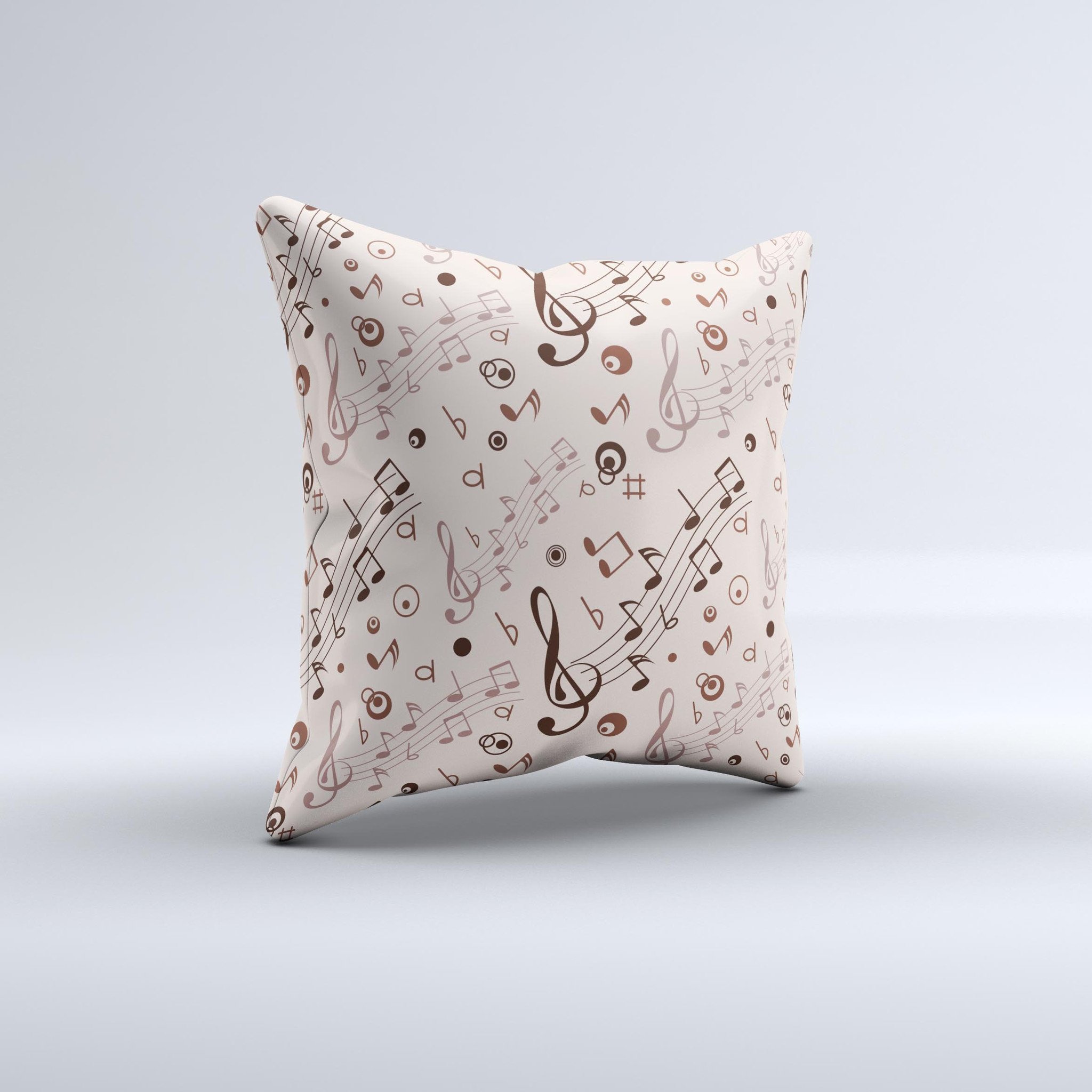 Tan decorative throw pillow featuring a unique music note pattern, handmade in Virginia with high-quality fabric and polyester filling.