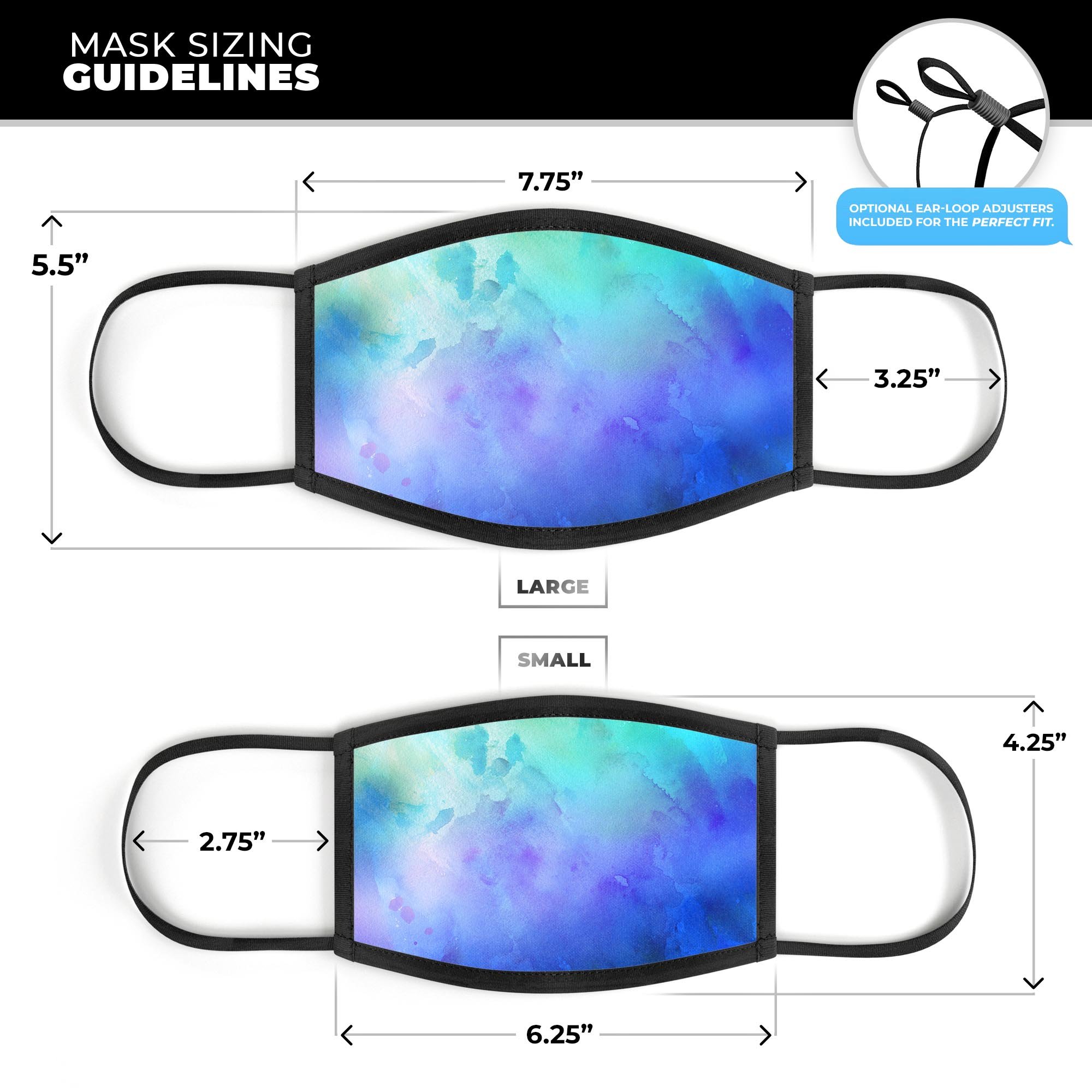 Teal 424 Absorbed Watercolor Texture face mask, showcasing vibrant colors and adjustable ear loops for a comfortable fit.