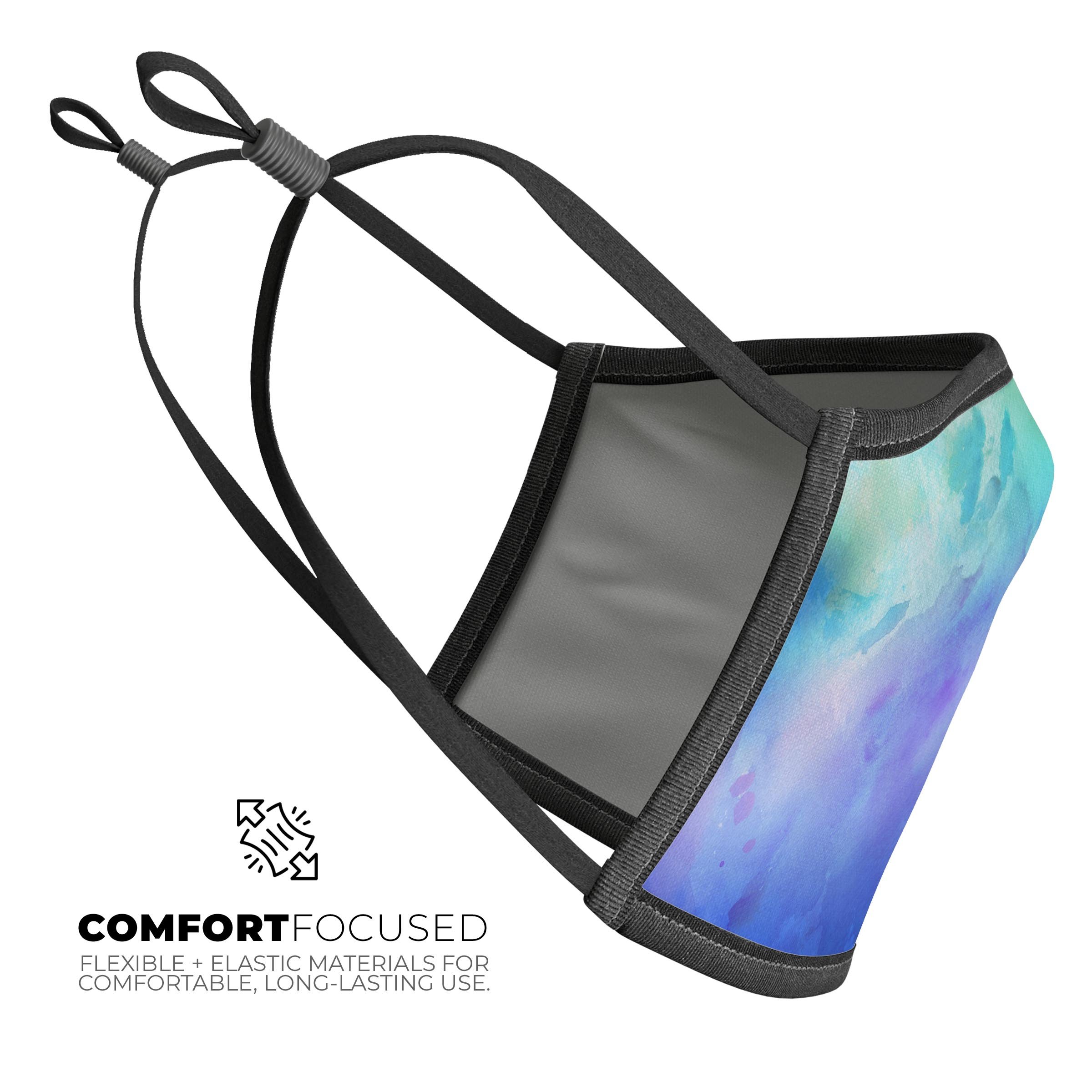 Teal 424 Absorbed Watercolor Texture face mask, showcasing vibrant colors and adjustable ear loops for a comfortable fit.