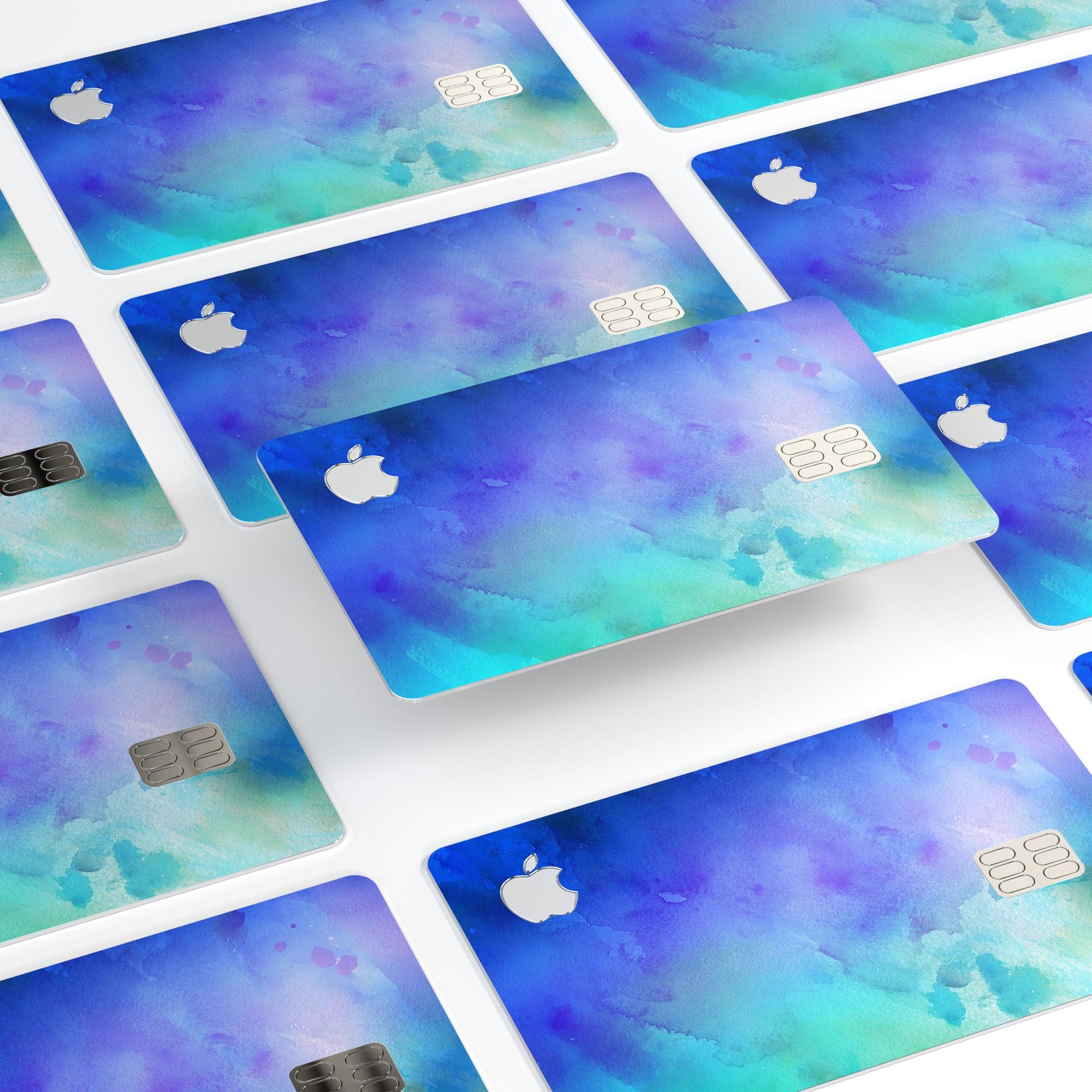 Teal 424 Absorbed Watercolor Texture decal applied on an Apple Card, showcasing its vibrant design and protective features.