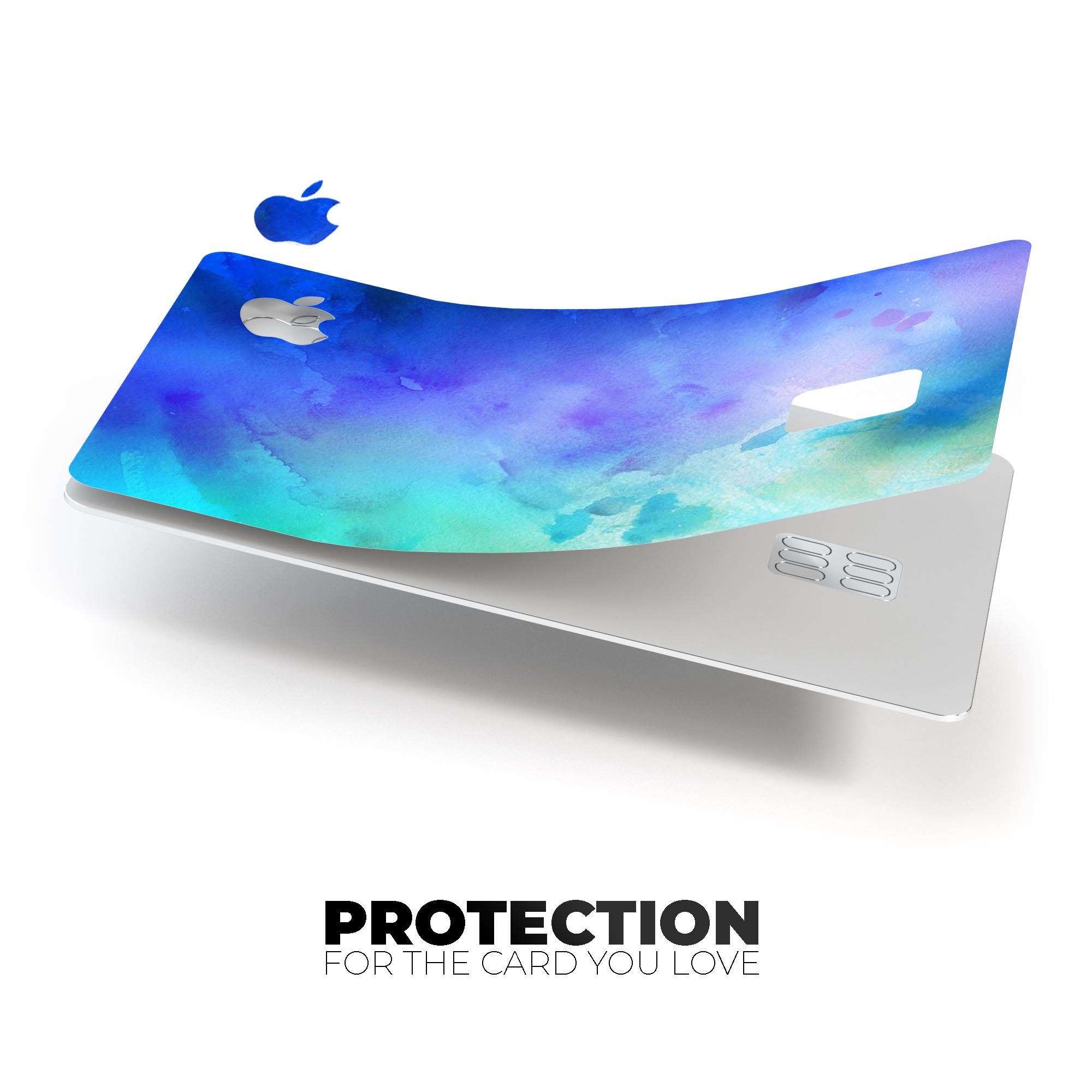 Teal 424 Absorbed Watercolor Texture decal applied on an Apple Card, showcasing its vibrant design and protective features.