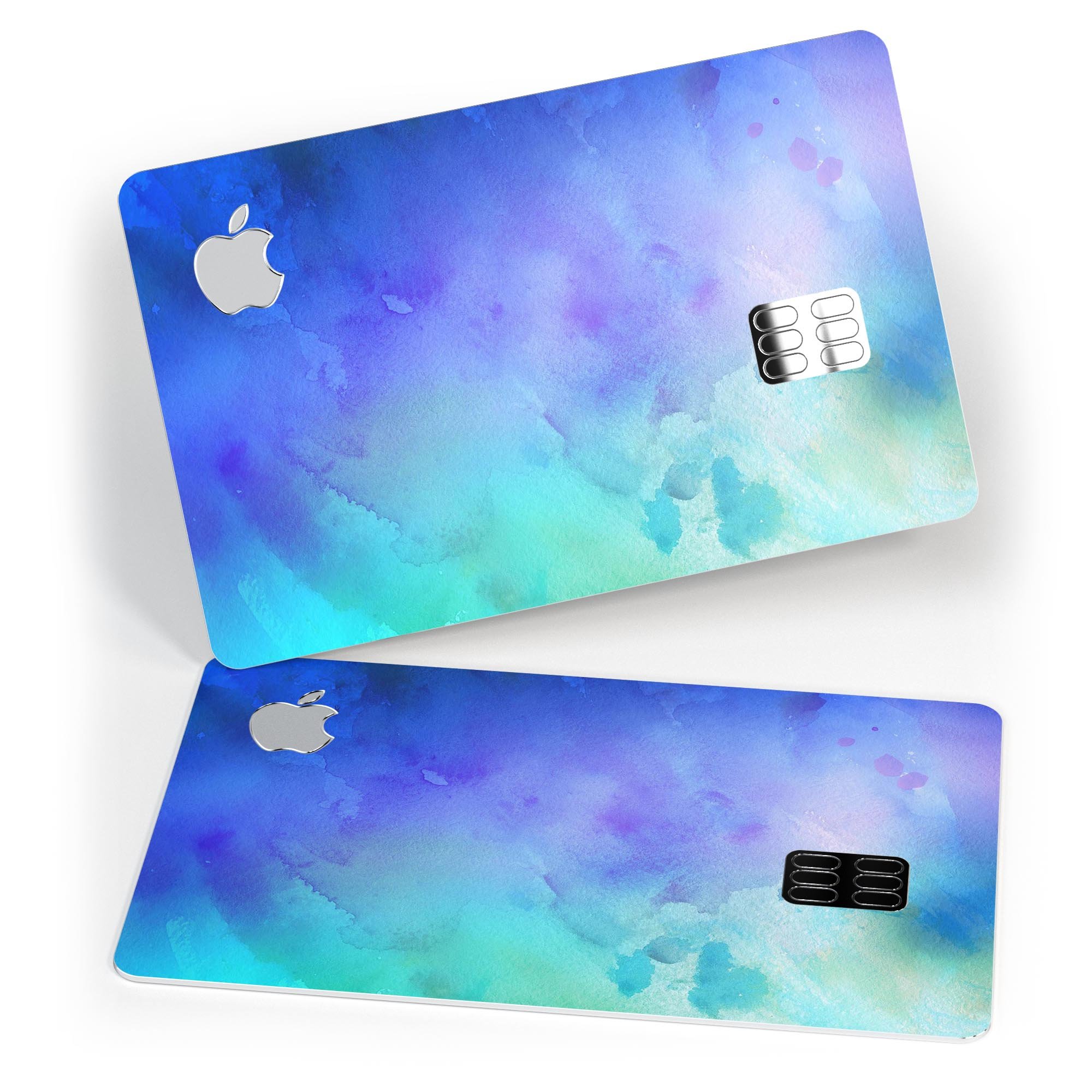 Teal 424 Absorbed Watercolor Texture decal applied on an Apple Card, showcasing its vibrant design and protective features.