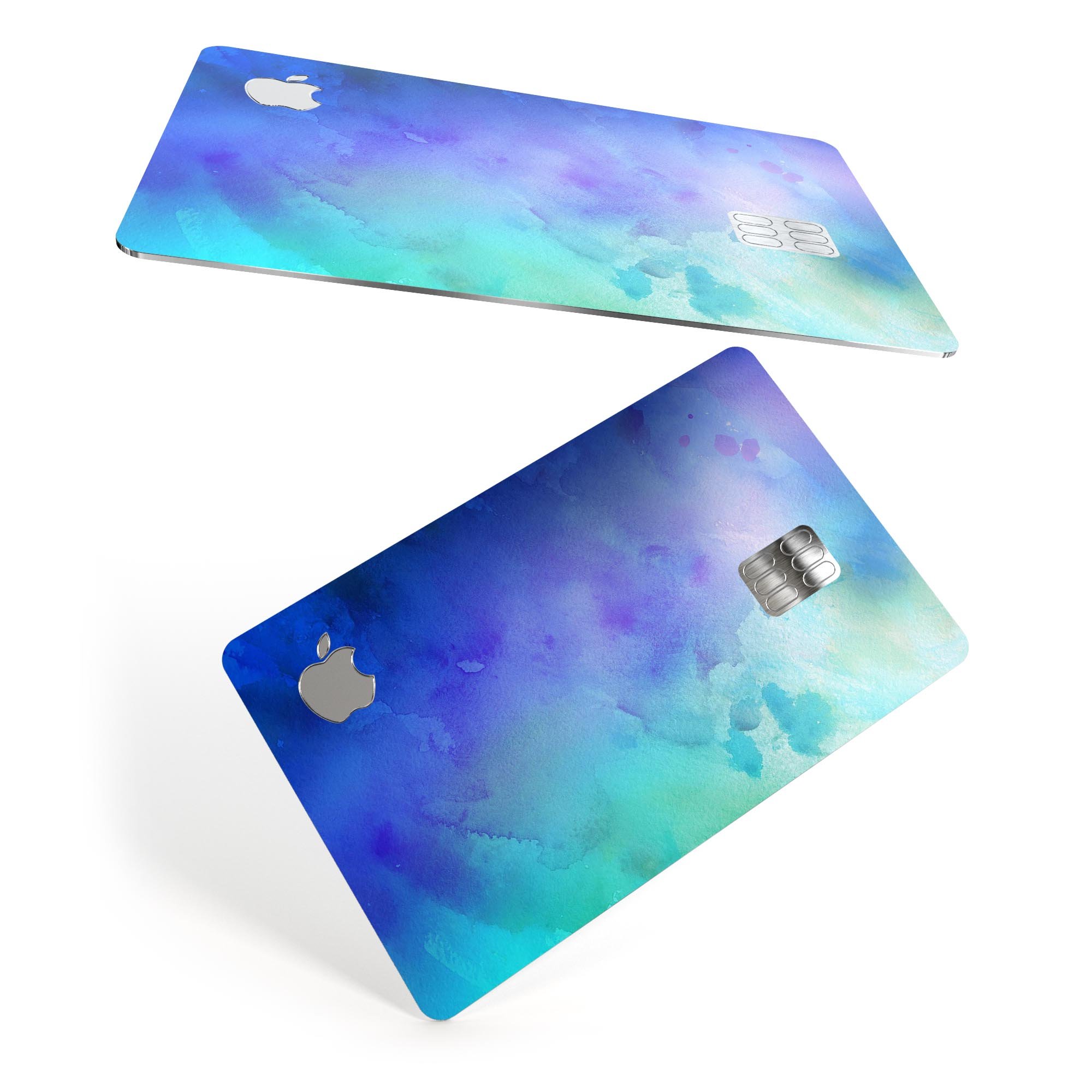 Teal 424 Absorbed Watercolor Texture decal applied on an Apple Card, showcasing its vibrant design and protective features.