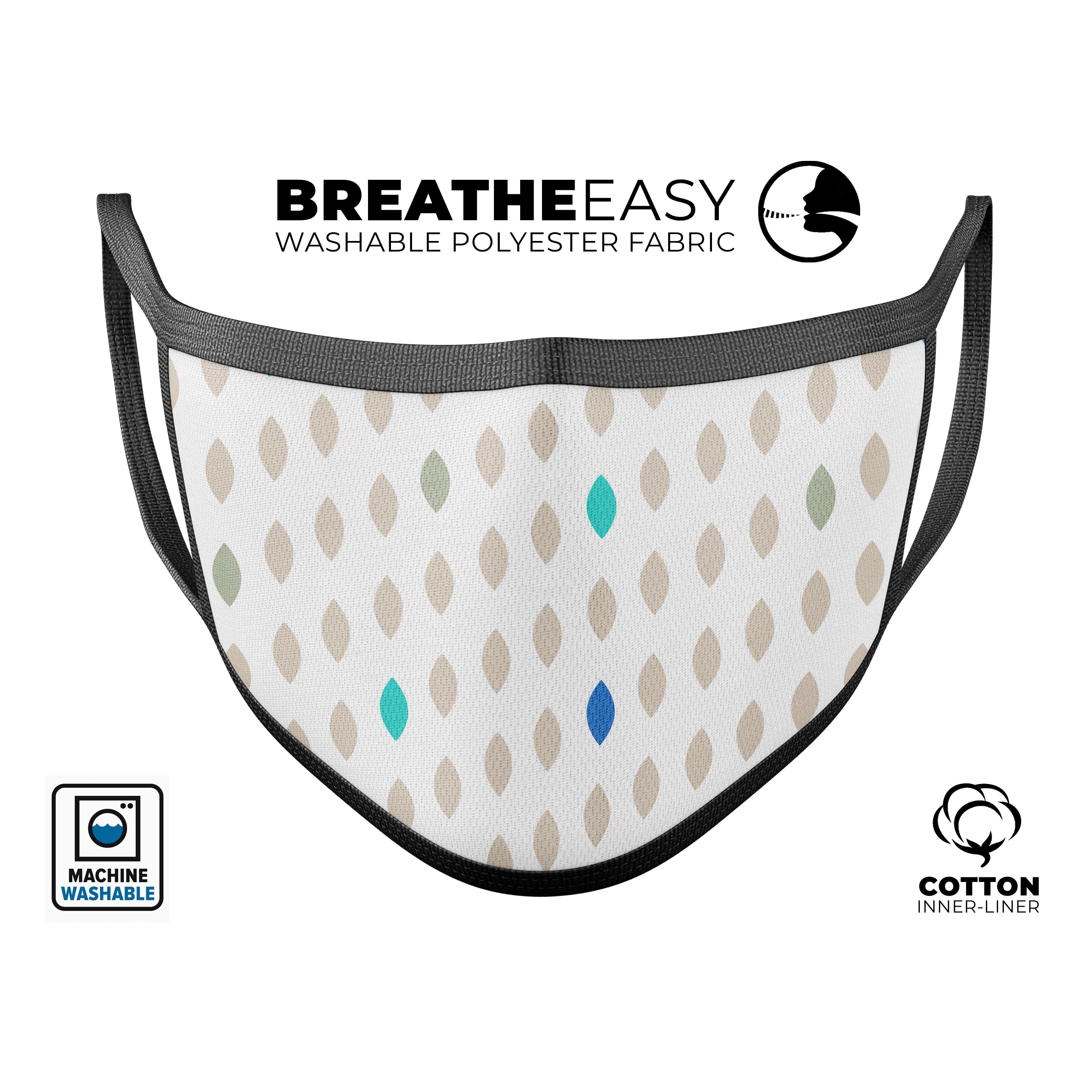 Teal and Aqua Descending Droplets reusable face mask with adjustable ear loops, made in the USA.