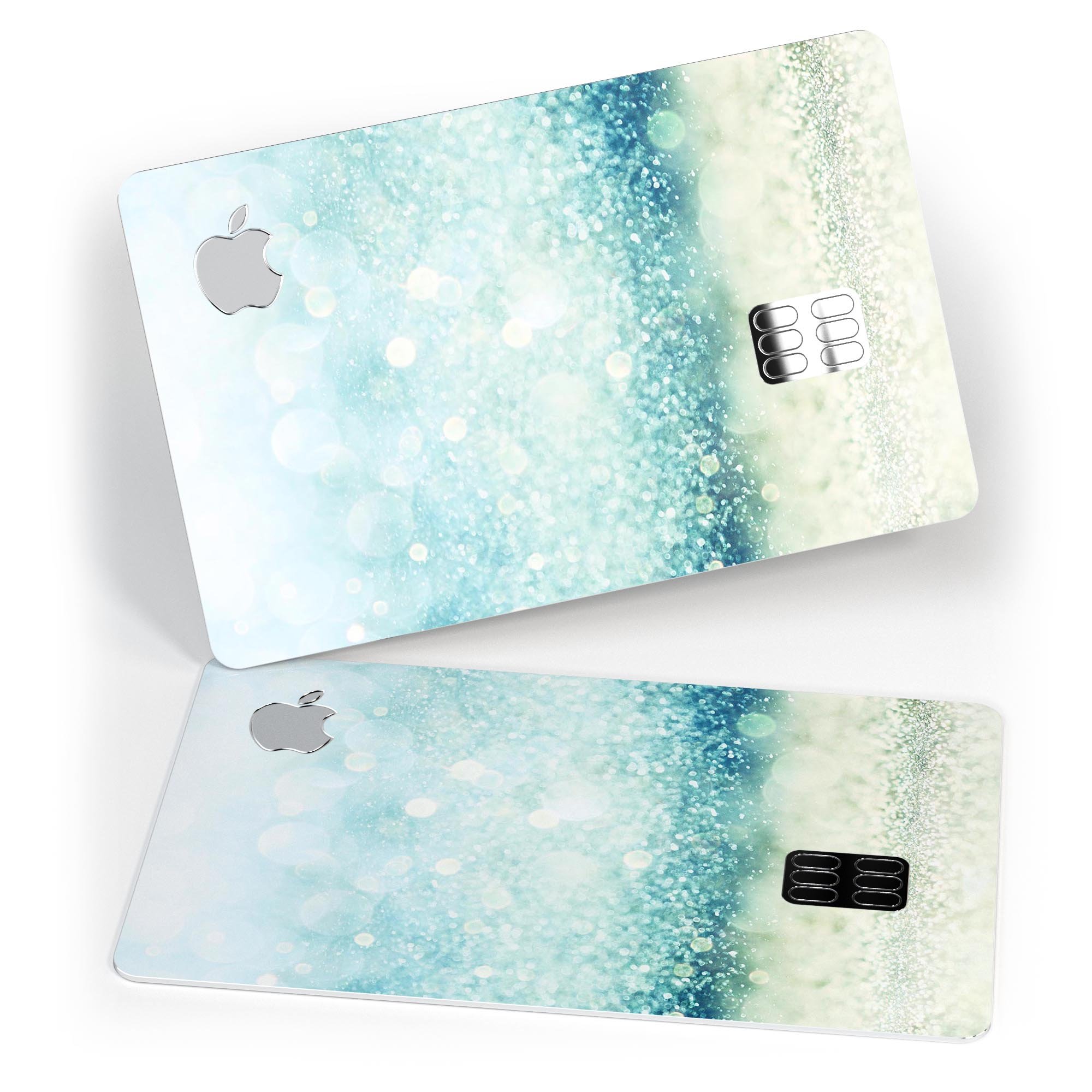 Teal and Aqua Unfocused Sparkling Orbs decal on an Apple Card, showcasing vibrant colors and a protective finish.
