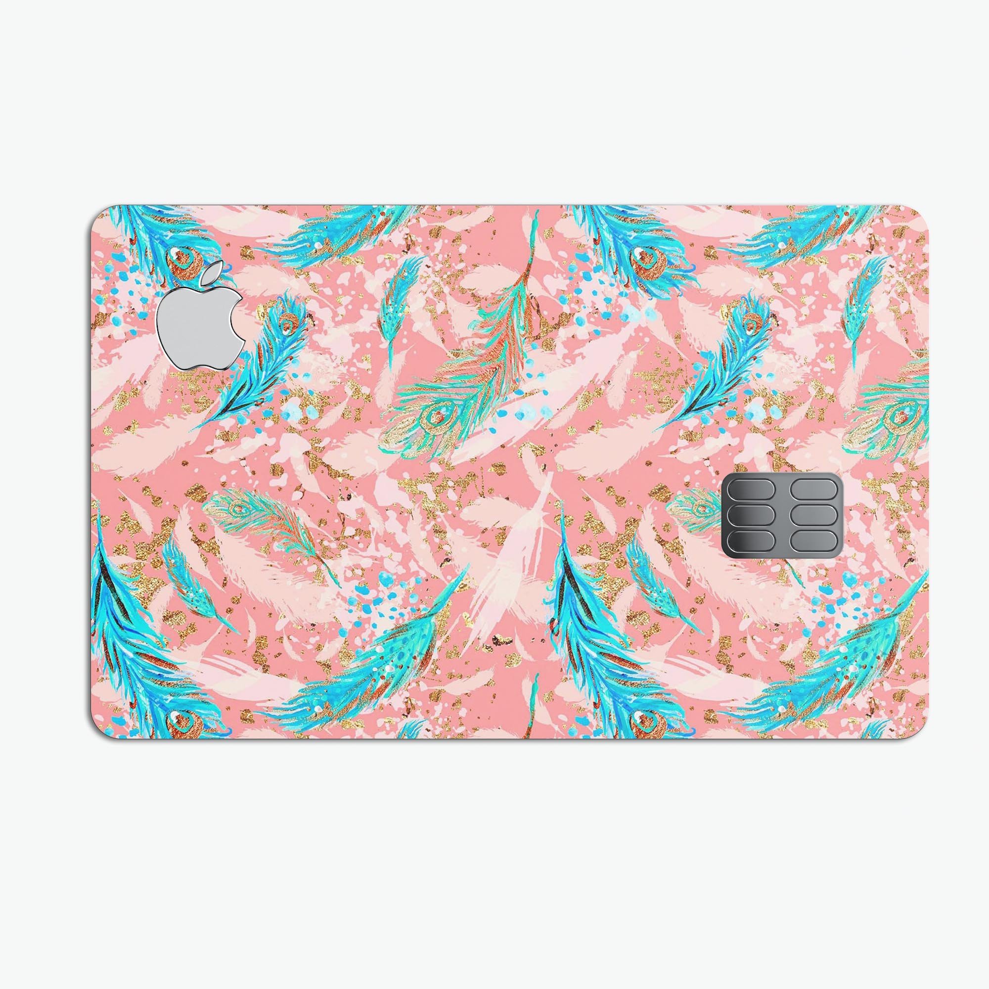 Teal and Coral Whispy Feathers decal skin for Apple Card, showcasing vibrant colors and intricate feather design.