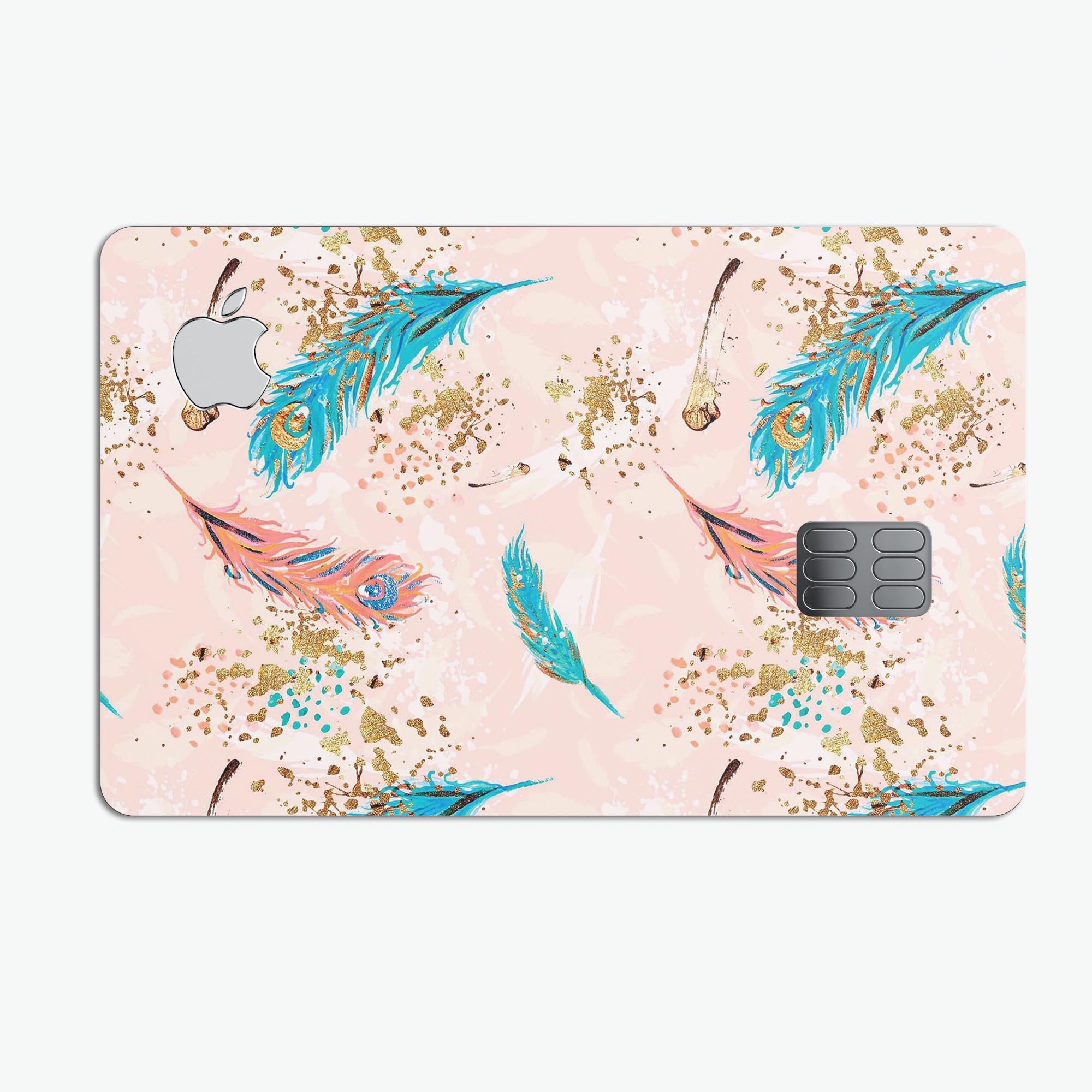 Teal and Coral Feathers Over Gold Strokes decal on an Apple Card, showcasing vibrant colors and premium design.