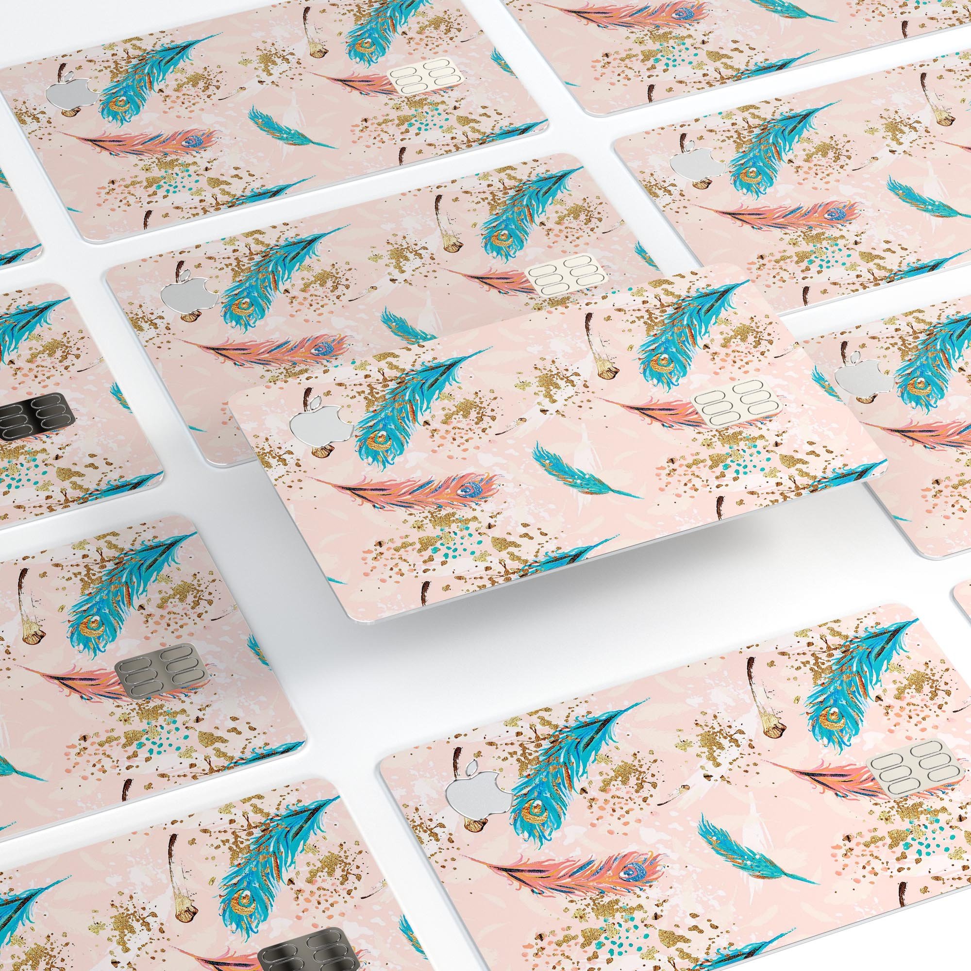 Teal and Coral Feathers Over Gold Strokes decal on an Apple Card, showcasing vibrant colors and premium design.