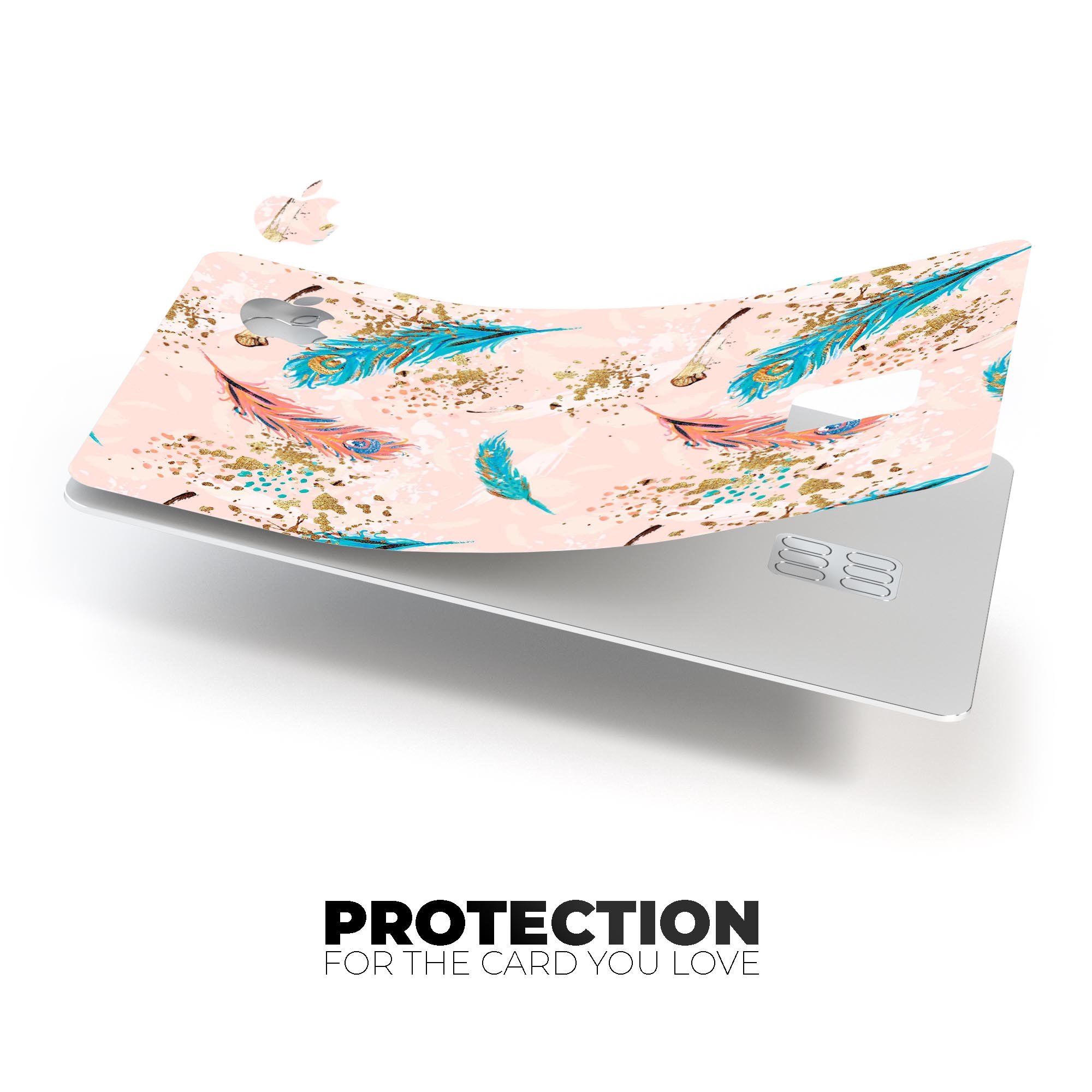 Teal and Coral Feathers Over Gold Strokes decal on an Apple Card, showcasing vibrant colors and premium design.