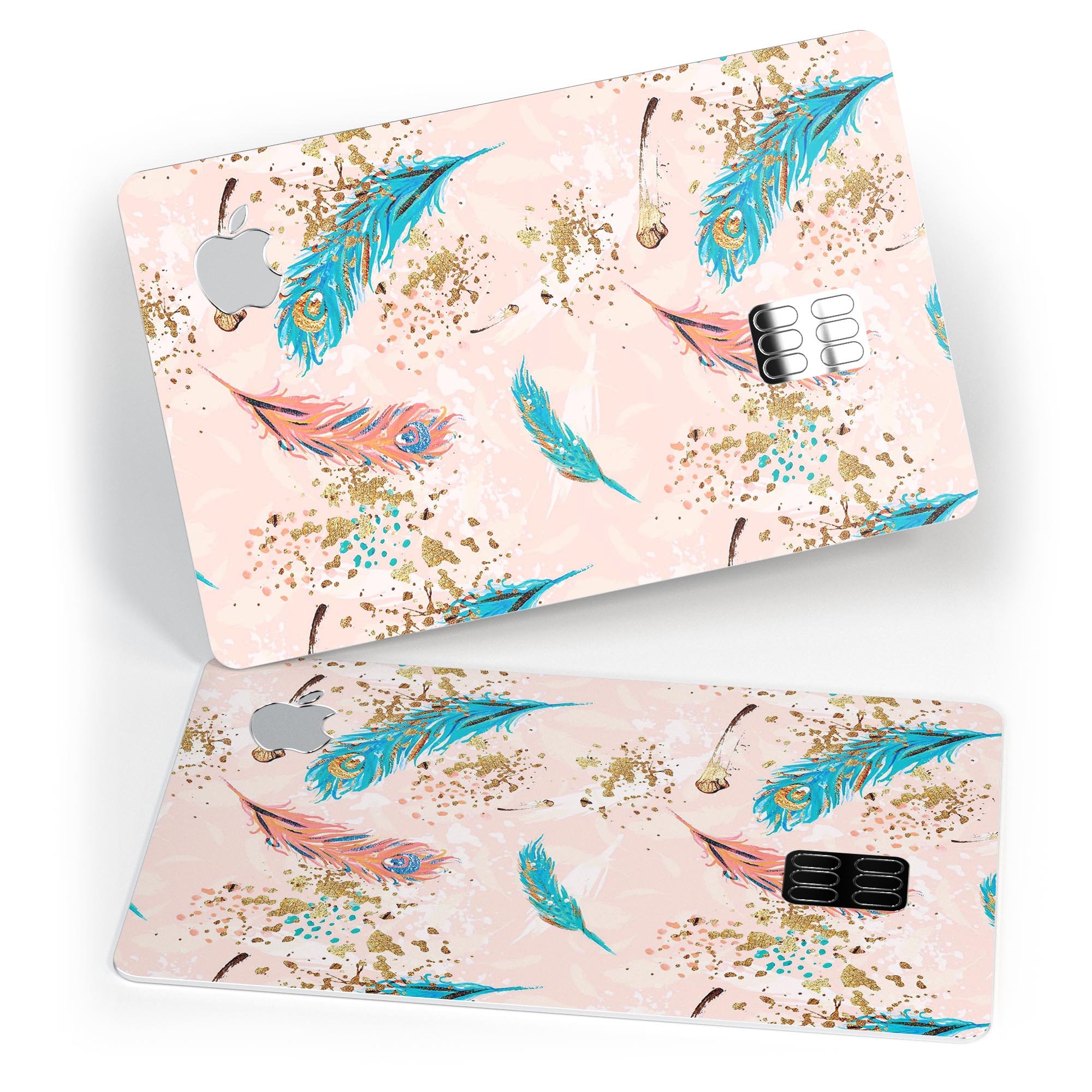 Teal and Coral Feathers Over Gold Strokes decal on an Apple Card, showcasing vibrant colors and premium design.