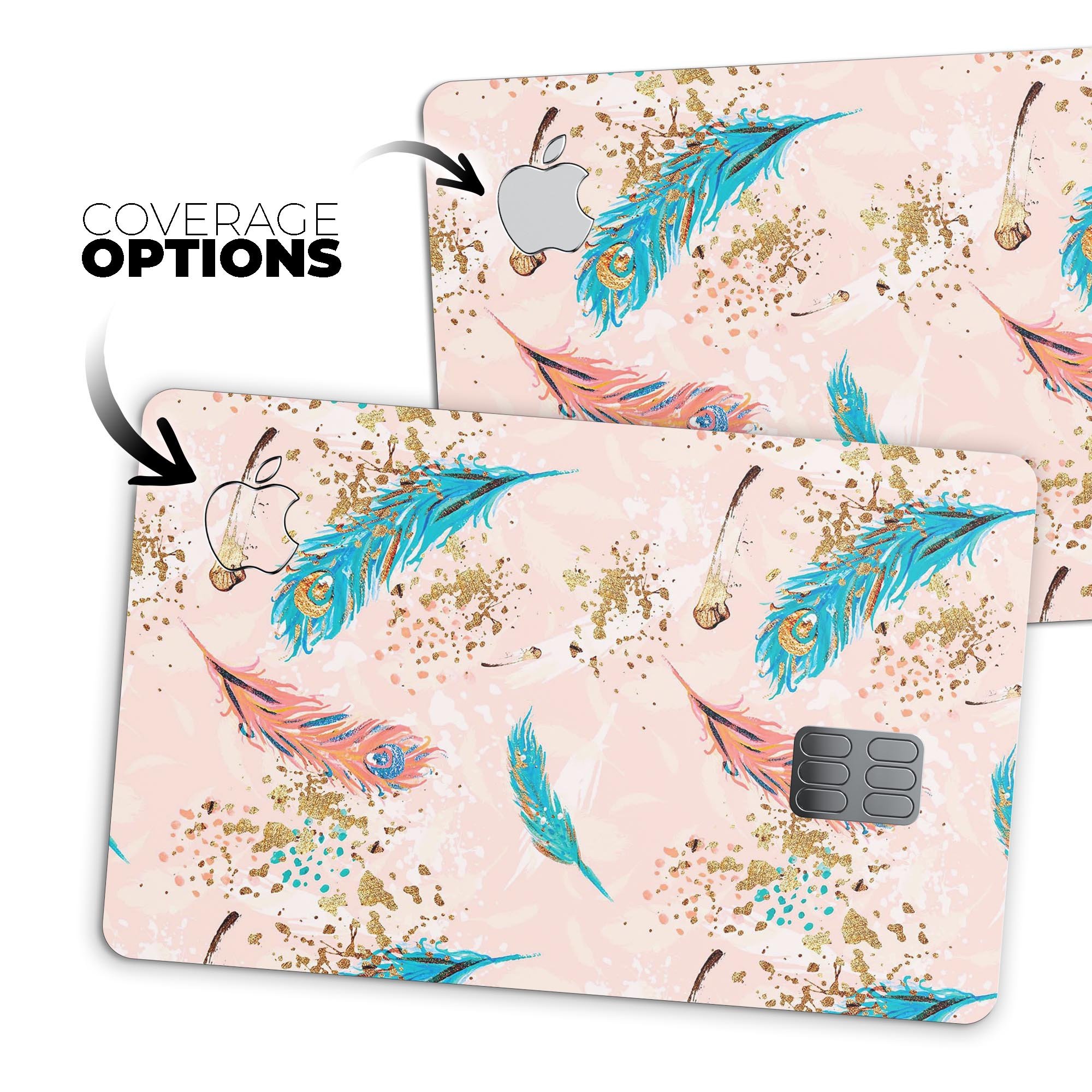 Teal and Coral Feathers Over Gold Strokes decal on an Apple Card, showcasing vibrant colors and premium design.