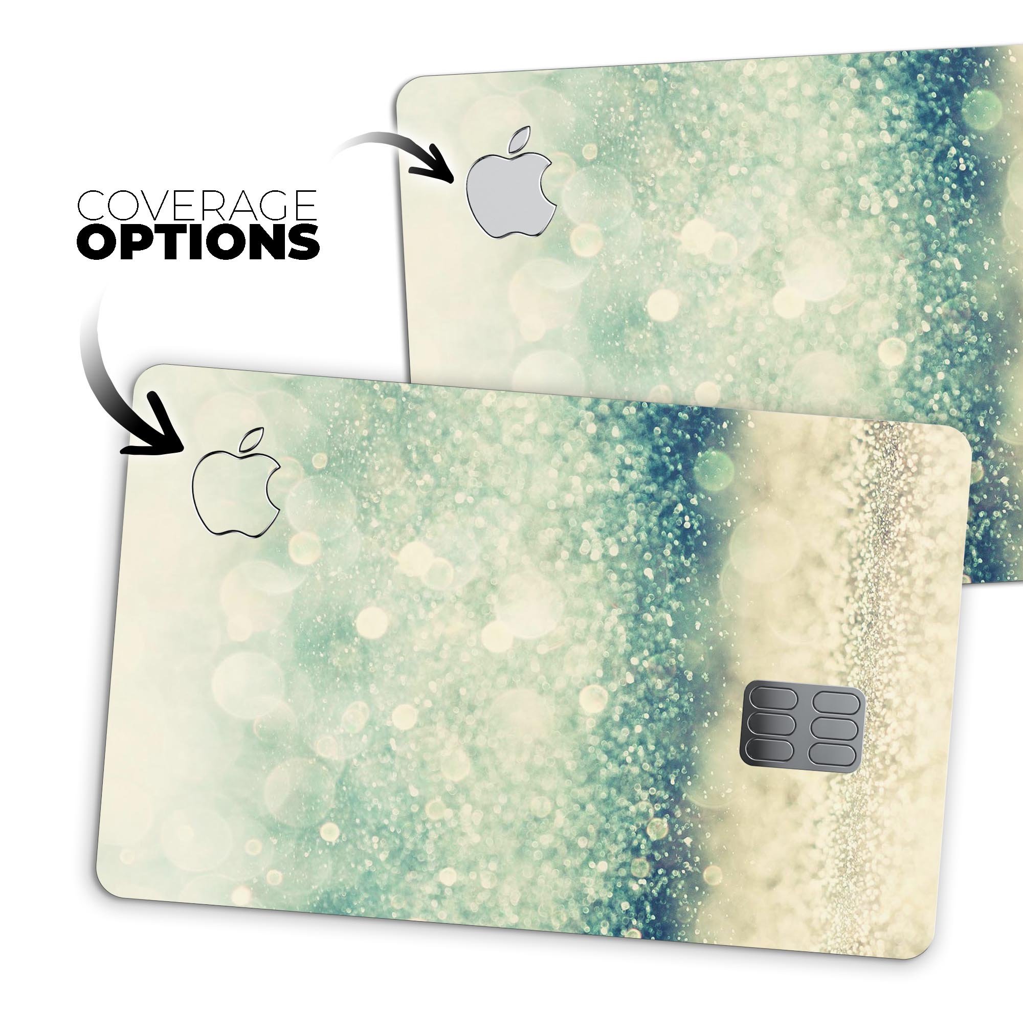 Teal and Gold Unfocused Orbs of Light decal applied on an Apple Card, showcasing its vibrant design and premium finish.