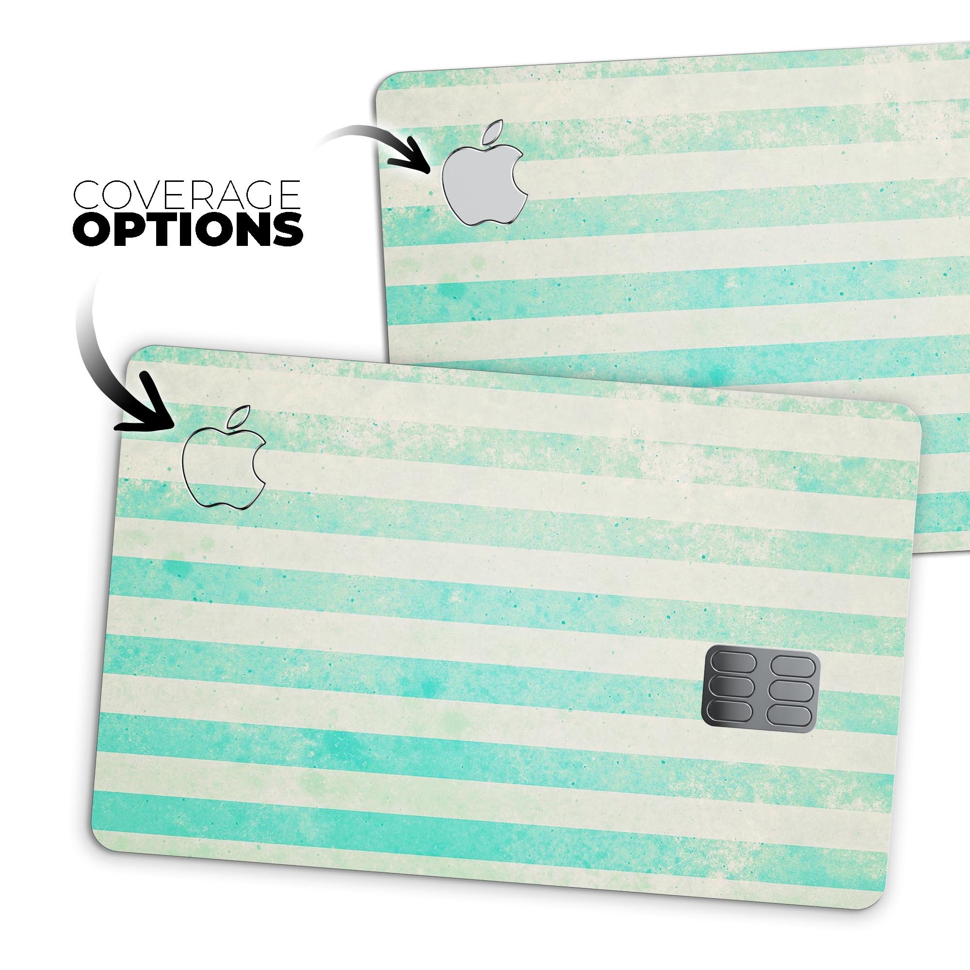 Teal and green grunge vertical stripes protective decal for Apple Card, showcasing vibrant colors and stylish design.