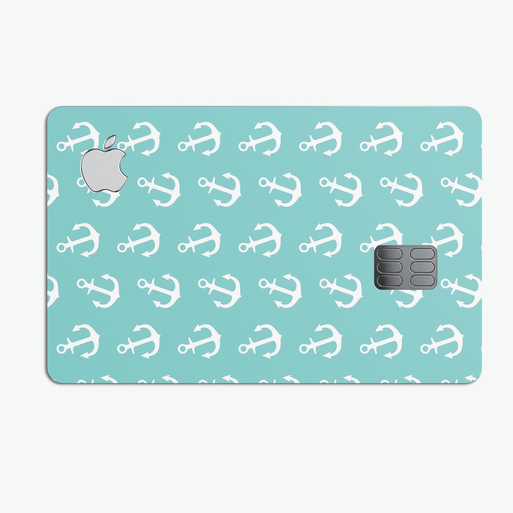 Teal and White Micro Anchors skin kit for Apple Card, showcasing premium vinyl design and bubble-free installation.