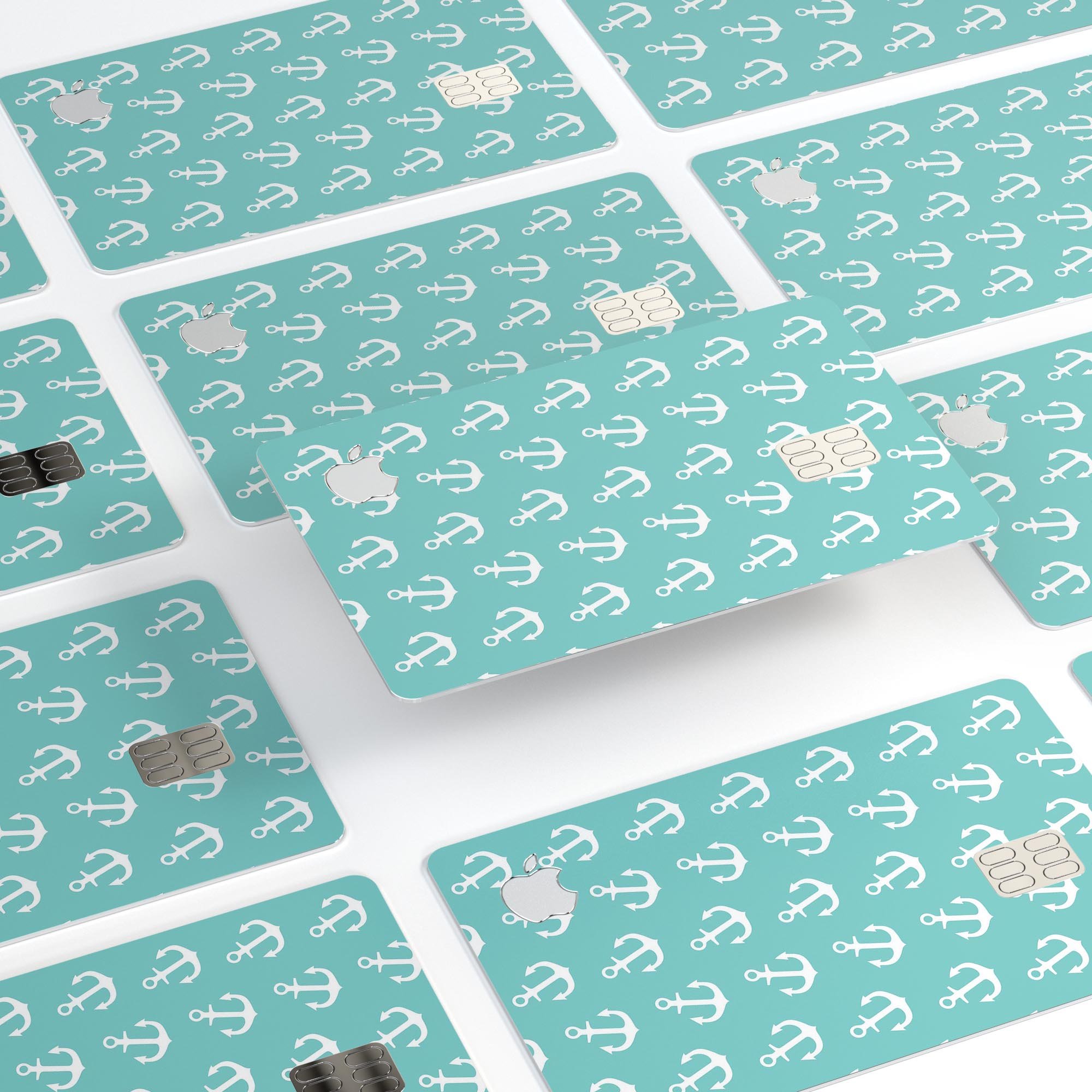 Teal and White Micro Anchors skin kit for Apple Card, showcasing premium vinyl design and bubble-free installation.