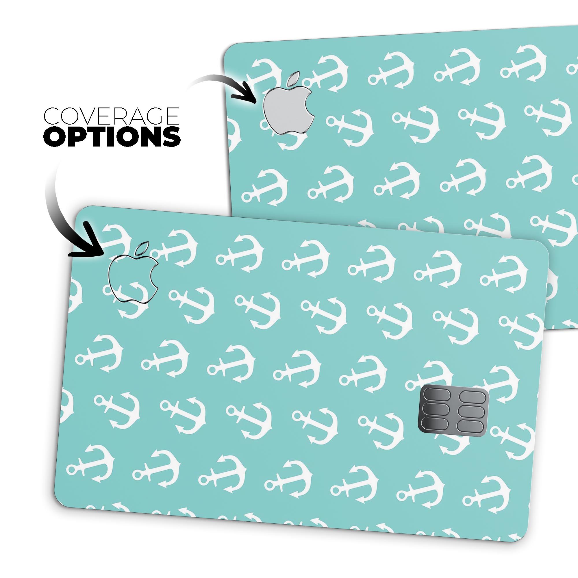 Teal and White Micro Anchors skin kit for Apple Card, showcasing premium vinyl design and bubble-free installation.