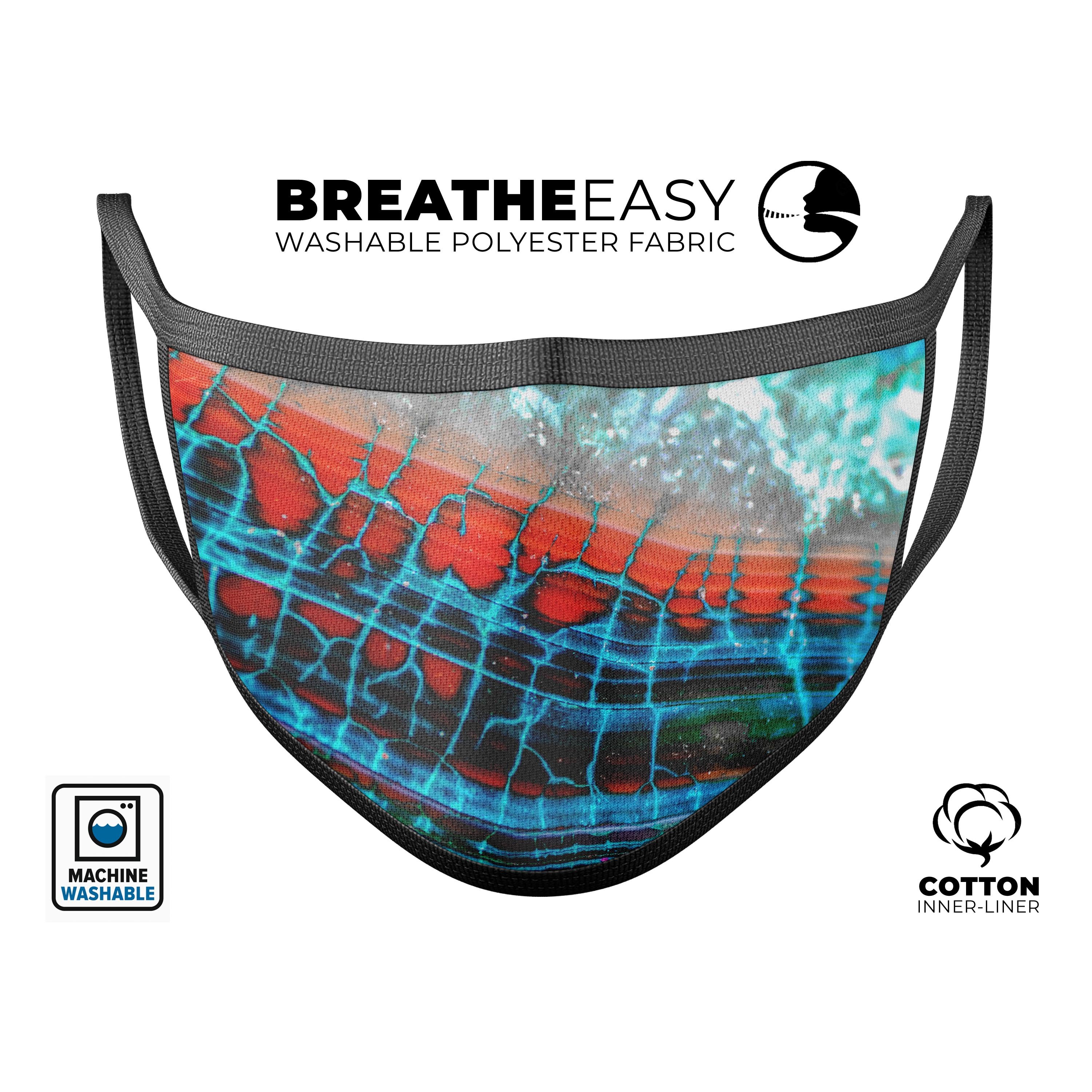 Teal Blue Red Dragon Vein Agate face mask, showcasing vibrant colors and intricate patterns, designed for comfort and style.