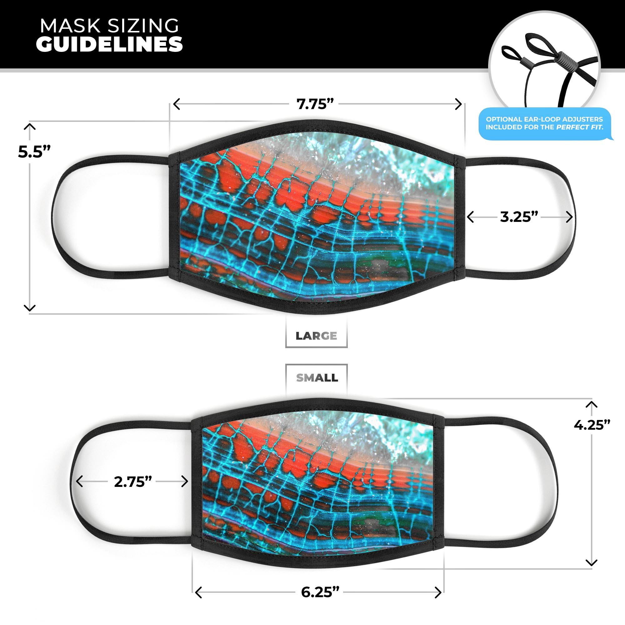 Teal Blue Red Dragon Vein Agate face mask, showcasing vibrant colors and intricate patterns, designed for comfort and style.