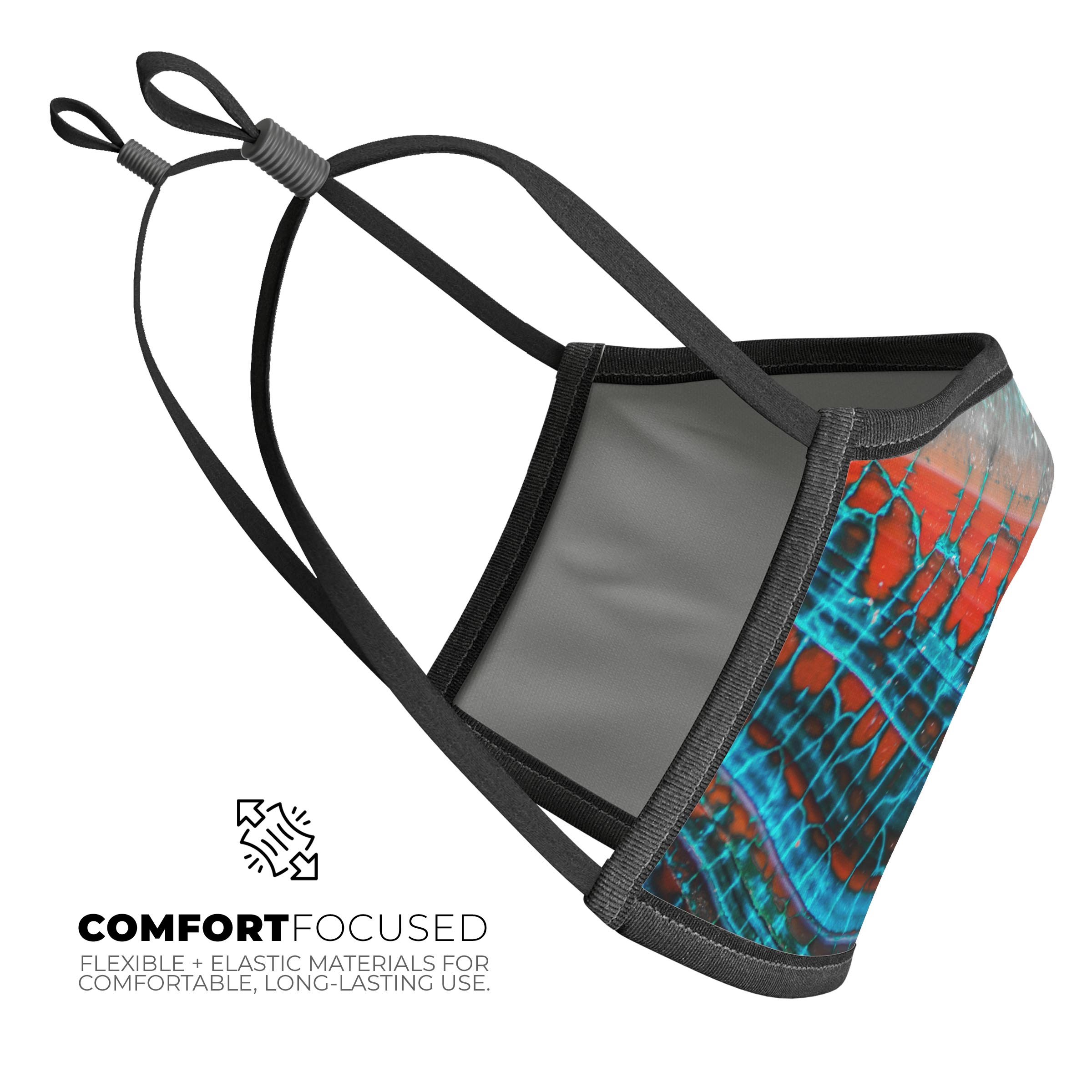 Teal Blue Red Dragon Vein Agate face mask, showcasing vibrant colors and intricate patterns, designed for comfort and style.