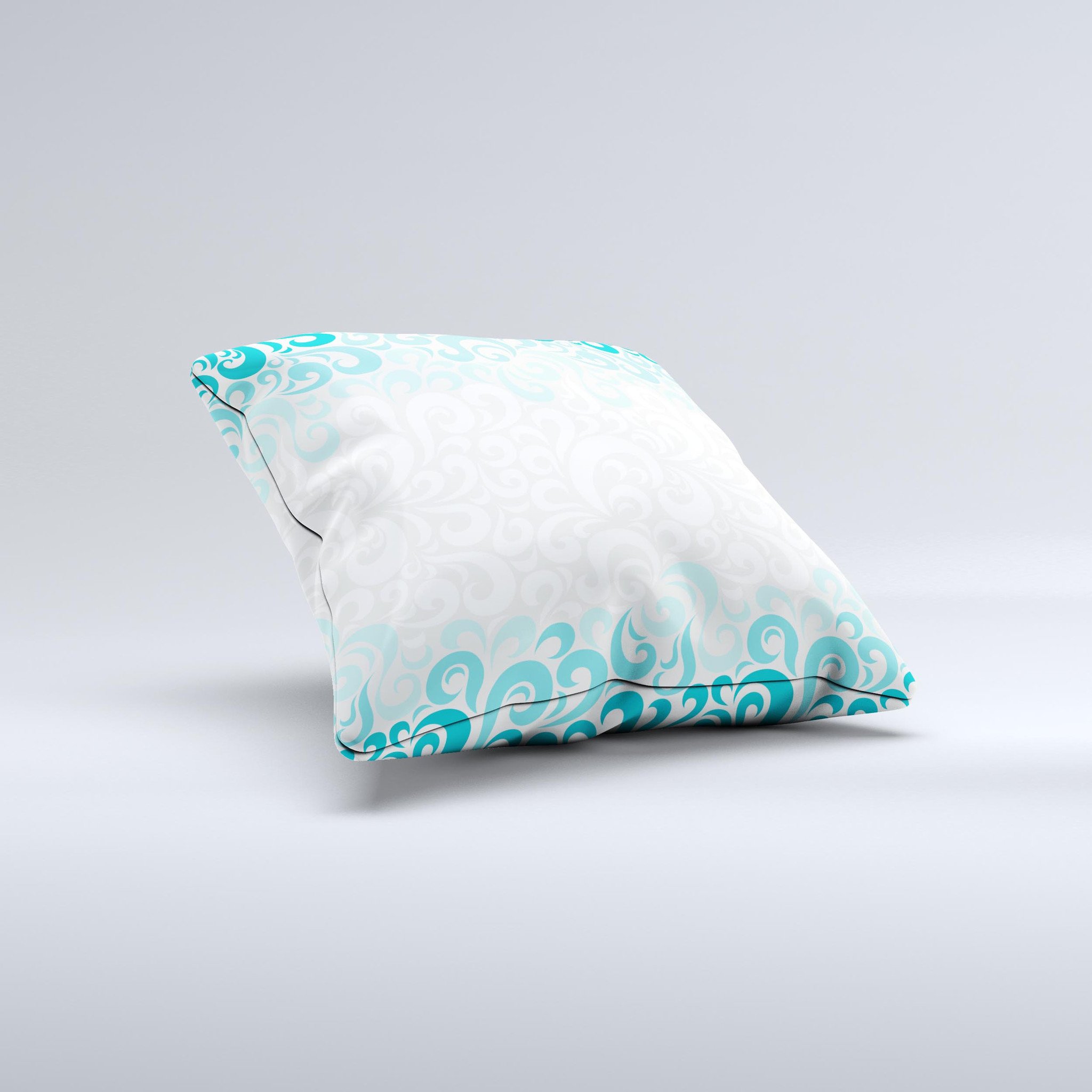 Teal blue and white swirl pattern decorative throw pillow, handcrafted with high-quality materials, showcasing unique design.