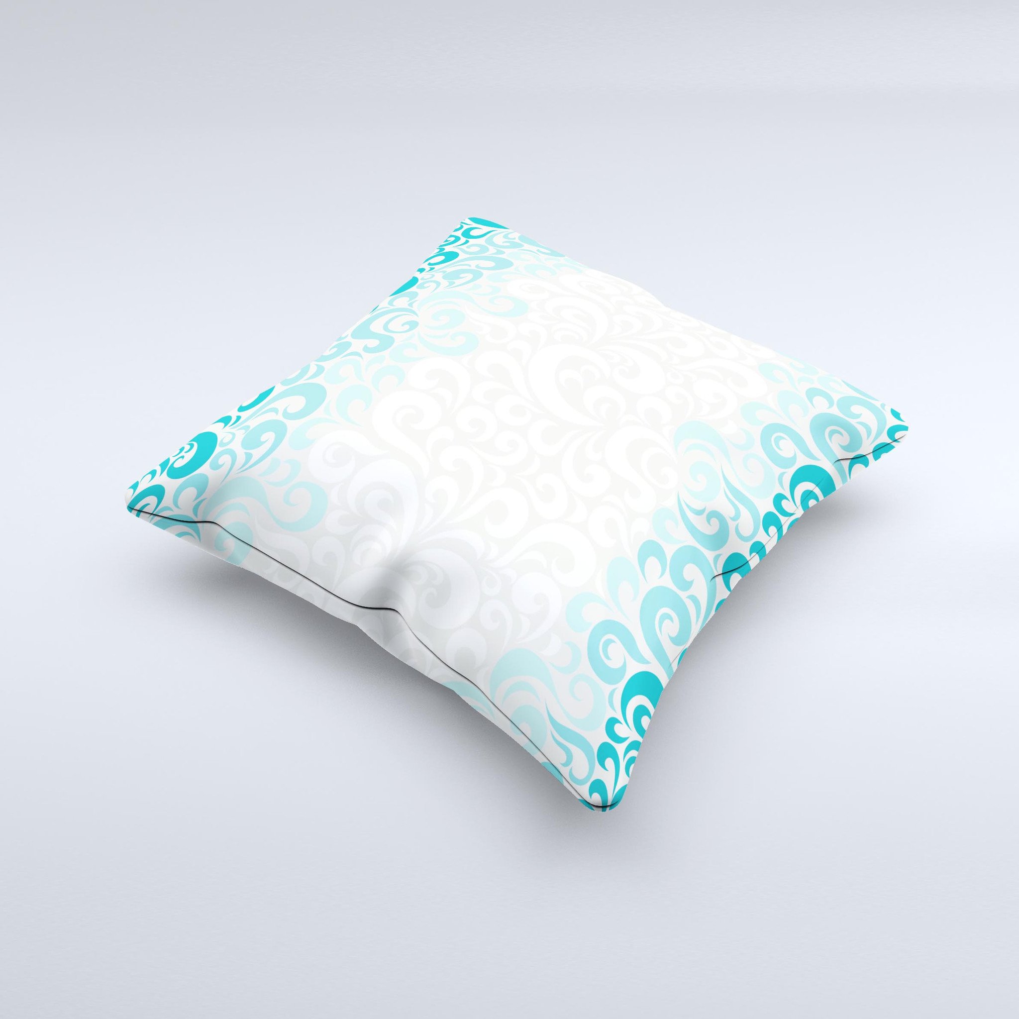 Teal blue and white swirl pattern decorative throw pillow, handcrafted with high-quality materials, showcasing unique design.