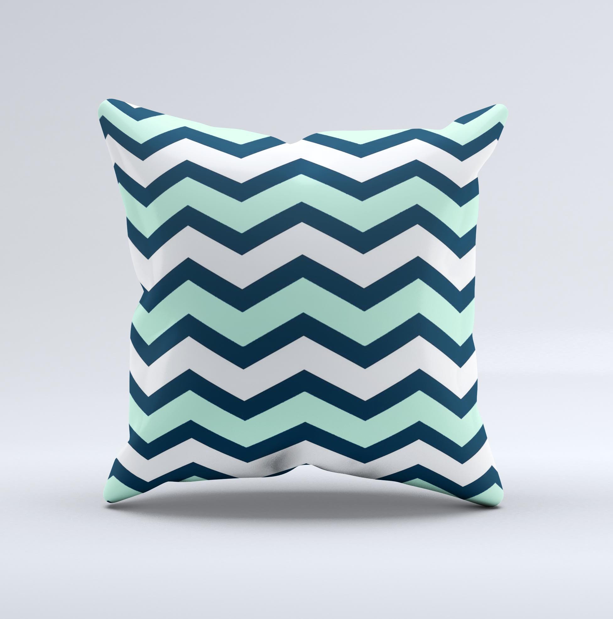 Teal and blue decorative throw pillow featuring a wide chevron pattern, handcrafted in Virginia with high-quality materials.