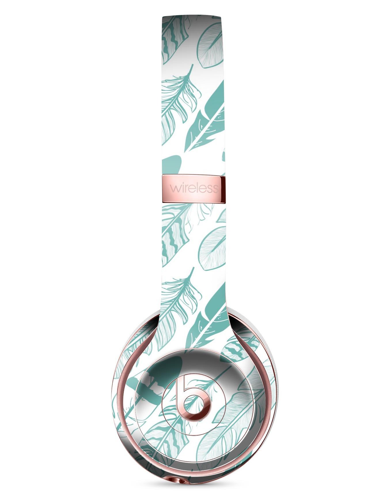 Teal Feather Pattern Full-Body Skin Kit for Beats by Dre Solo 3, showcasing vibrant colors and intricate feather design.