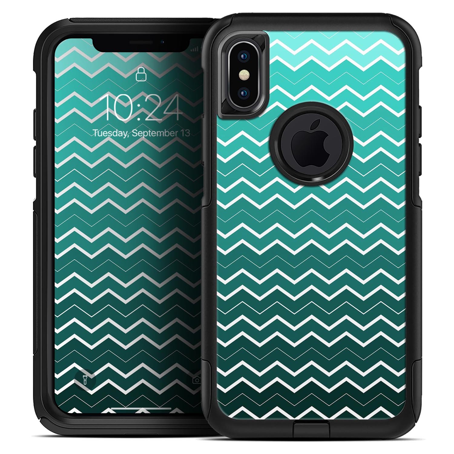 Teal Gradient Layered Chevron Skin Kit for iPhone OtterBox cases, showcasing a stylish design with layered chevron patterns.