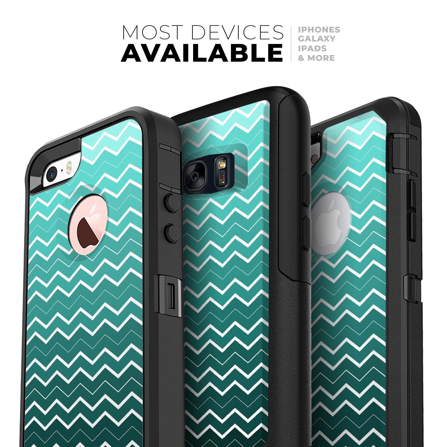 Teal Gradient Layered Chevron Skin Kit for iPhone OtterBox cases, showcasing a stylish design with layered chevron patterns.