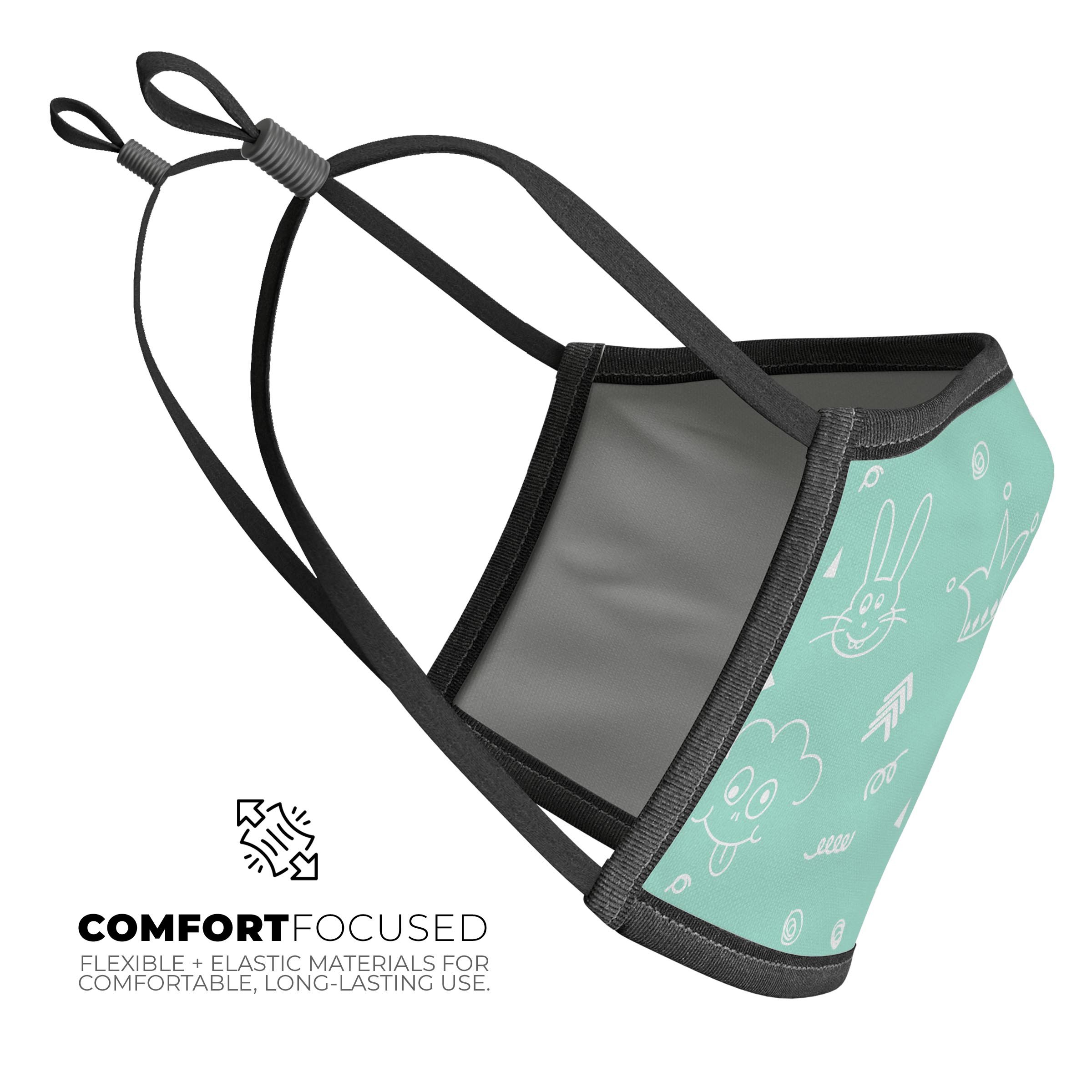 Teal Joker Mint Pattern mouth cover featuring a vibrant design, adjustable ear-loops, and soft cotton interior for comfort.