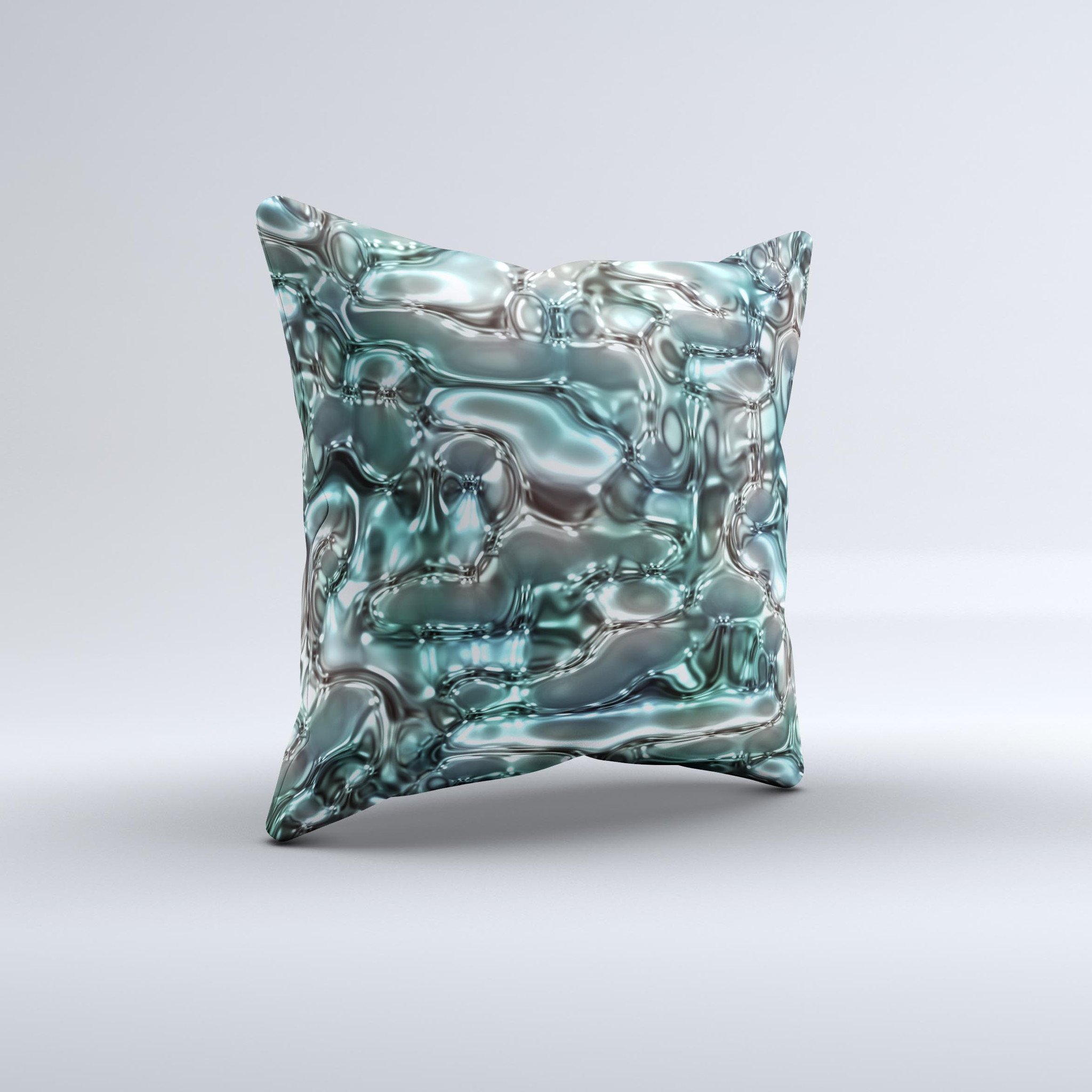Teal Mercury Ink-Fuzed Decorative Throw Pillow showcasing a unique handcrafted design with high thread count fabric.