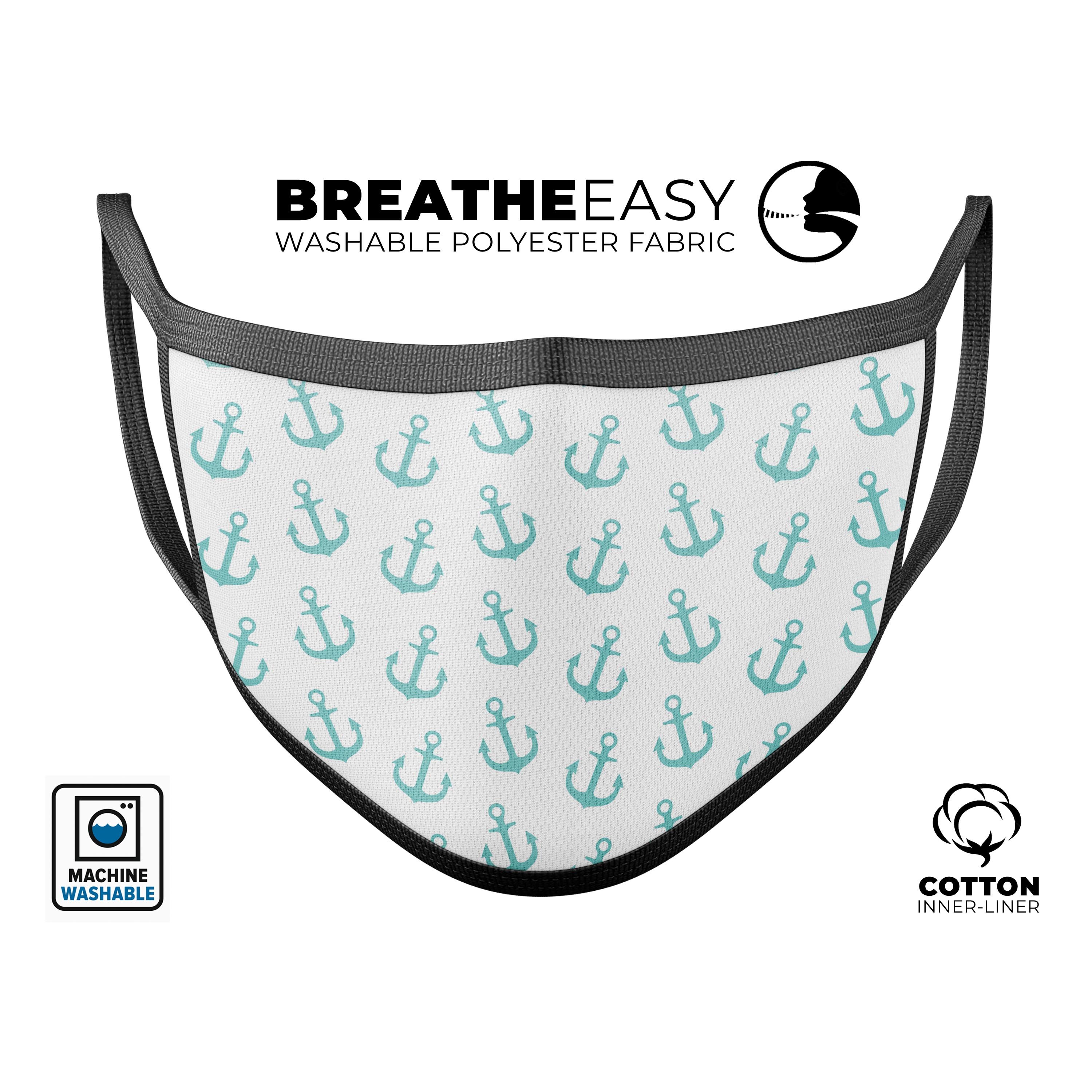 Teal Micro Anchors face mask made of cotton, featuring adjustable ear-loops for a custom fit, suitable for daily use.