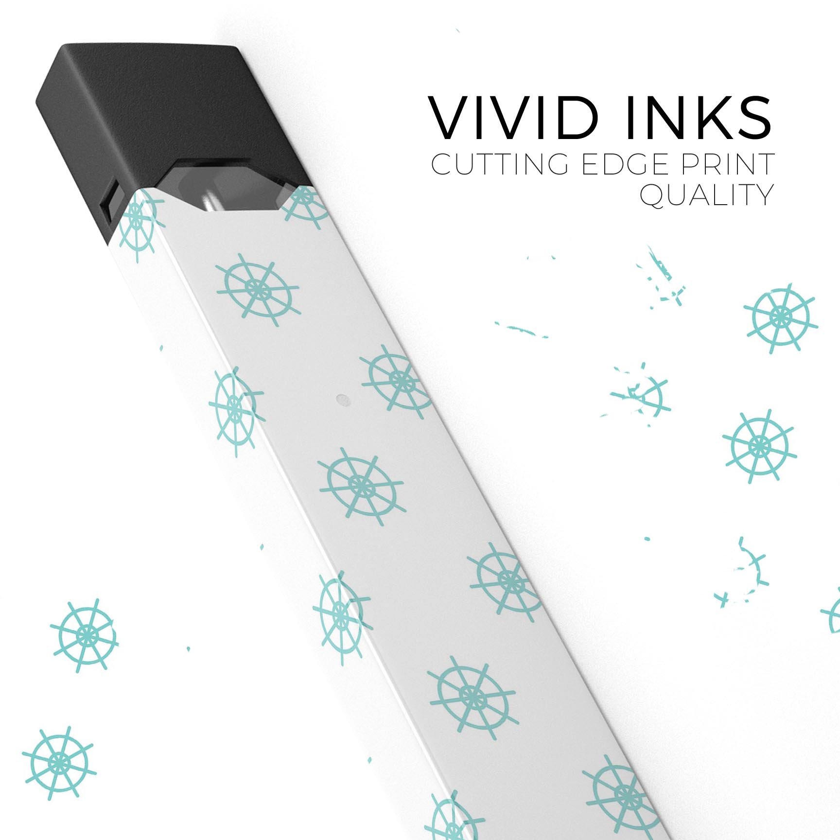 Teal Micro Ship Wheels decal skin wrap for JUUL vaping device, showcasing vibrant design and protective features.
