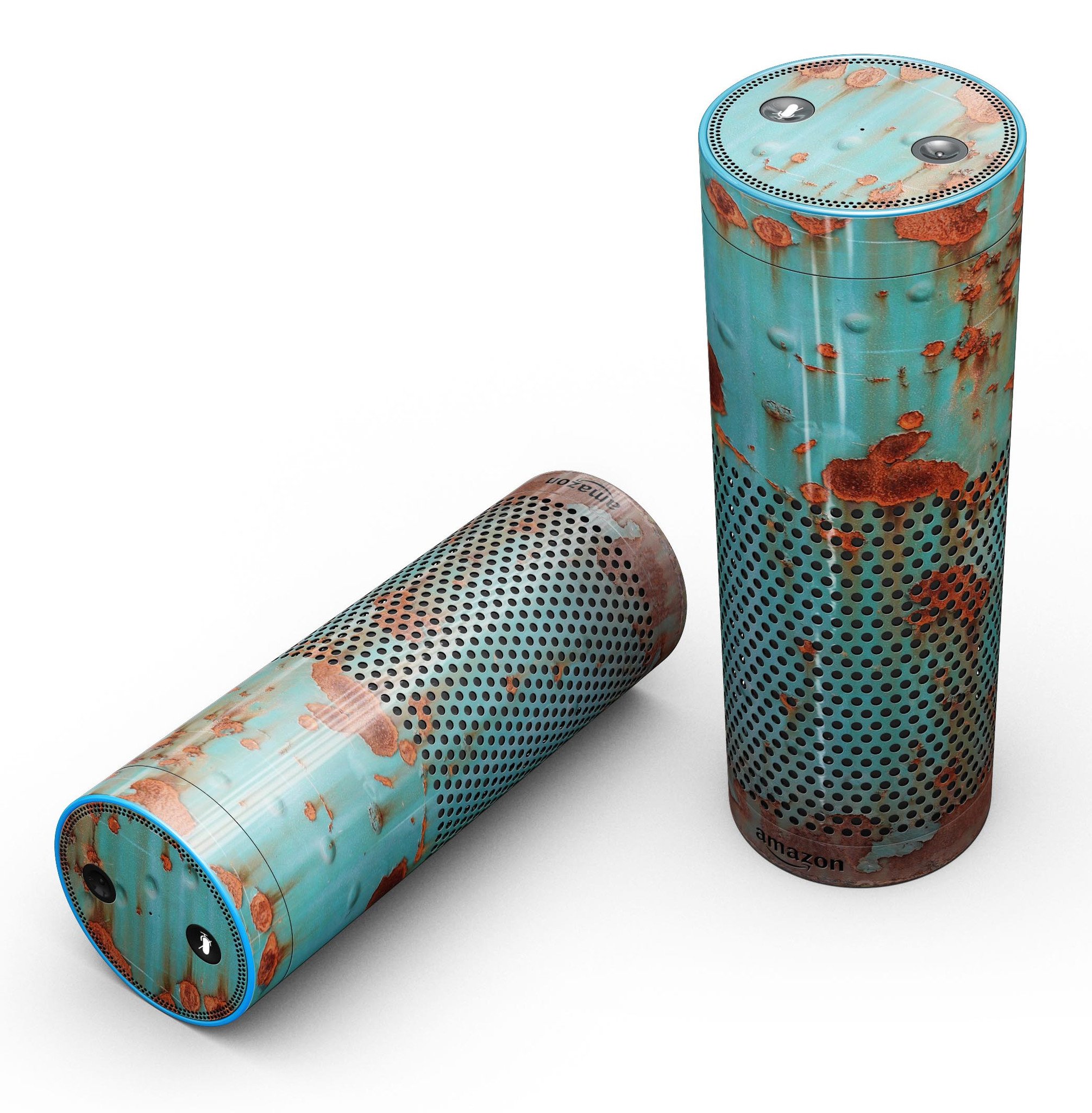 Teal Painted Rustic Metal skin-kit for Amazon Echo, showcasing a stylish design with precise cutouts for buttons and ports.