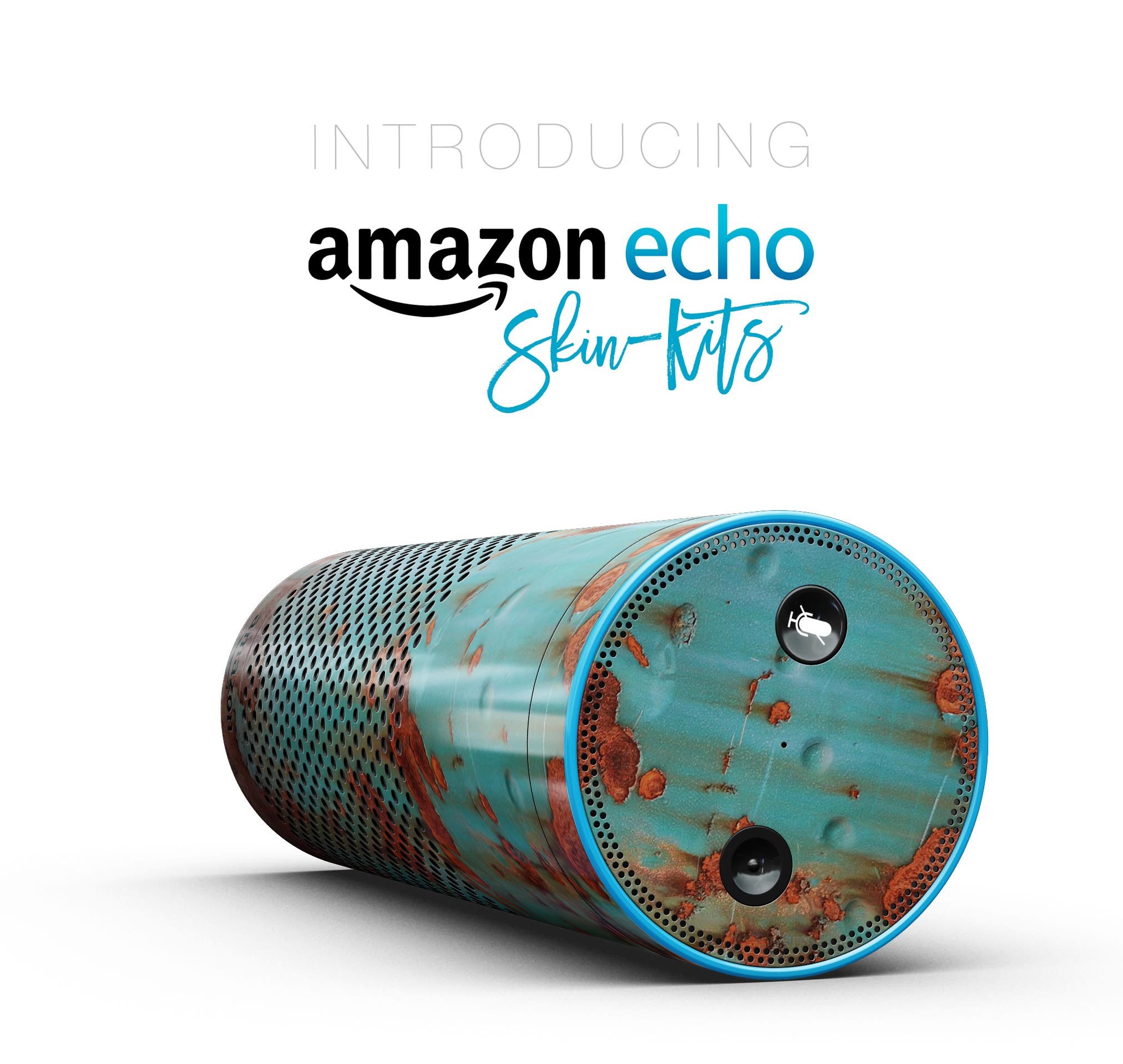 Teal Painted Rustic Metal skin-kit for Amazon Echo, showcasing a stylish design with precise cutouts for buttons and ports.