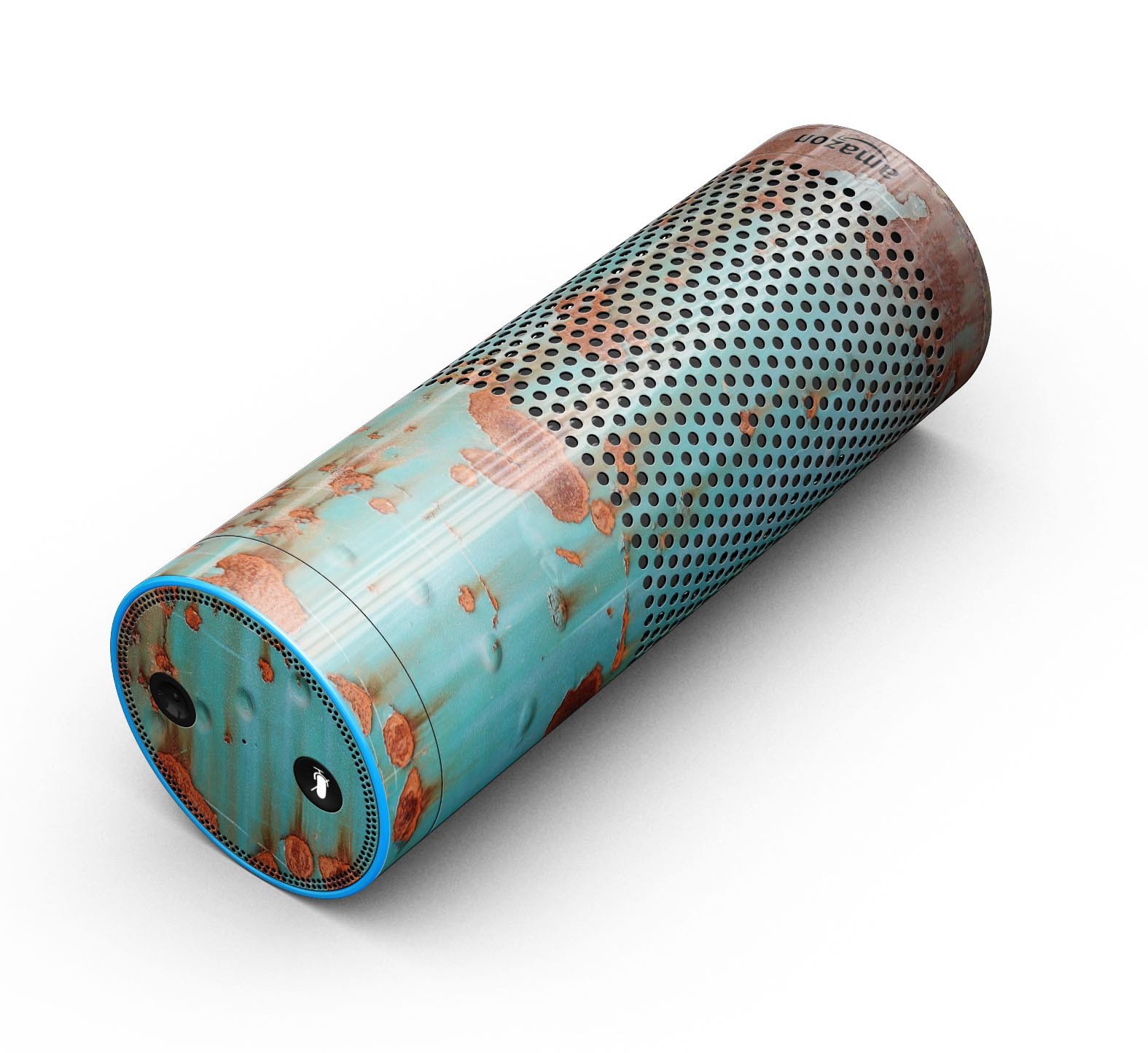 Teal Painted Rustic Metal skin-kit for Amazon Echo, showcasing a stylish design with precise cutouts for buttons and ports.