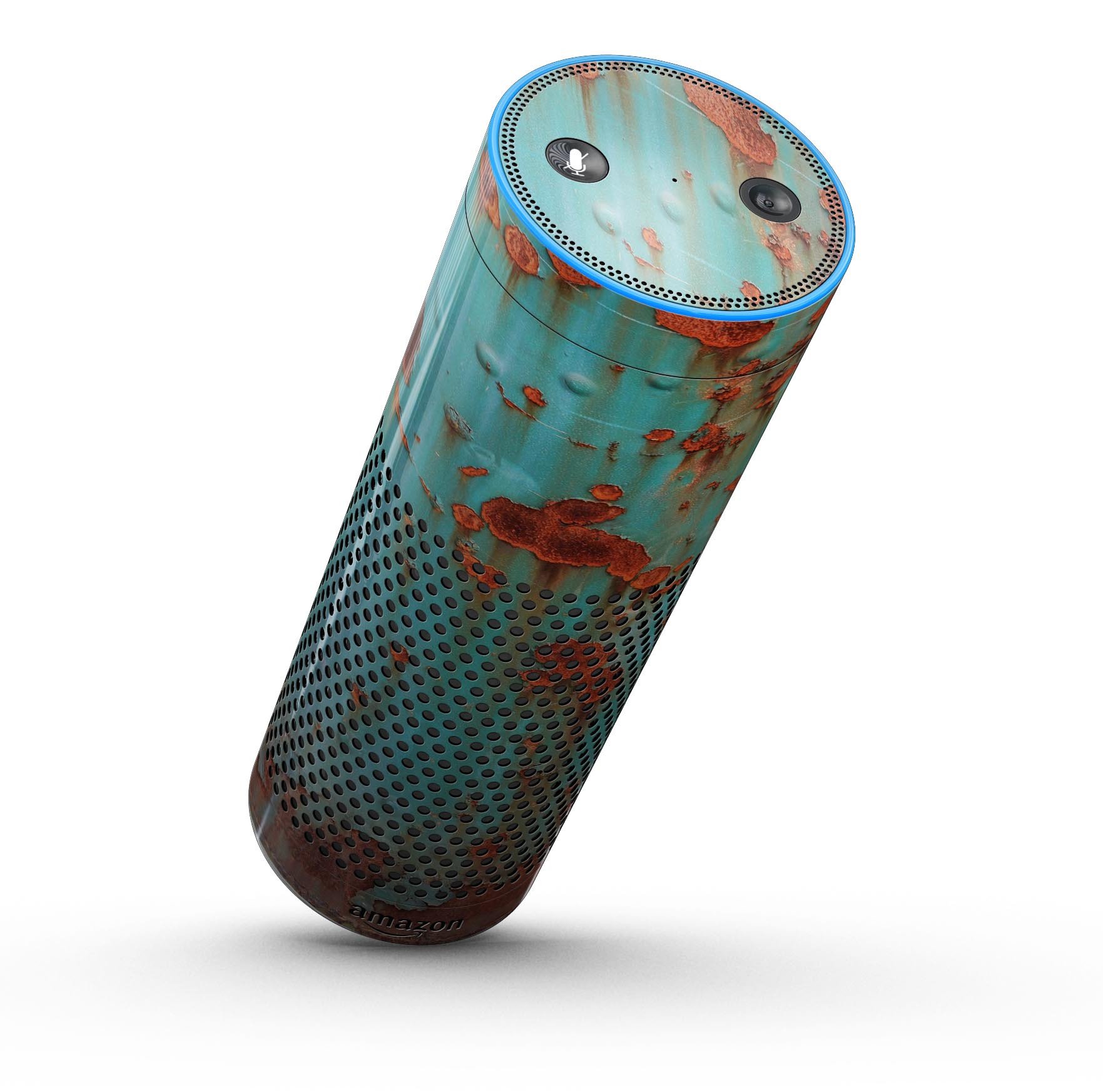 Teal Painted Rustic Metal skin-kit for Amazon Echo, showcasing a stylish design with precise cutouts for buttons and ports.