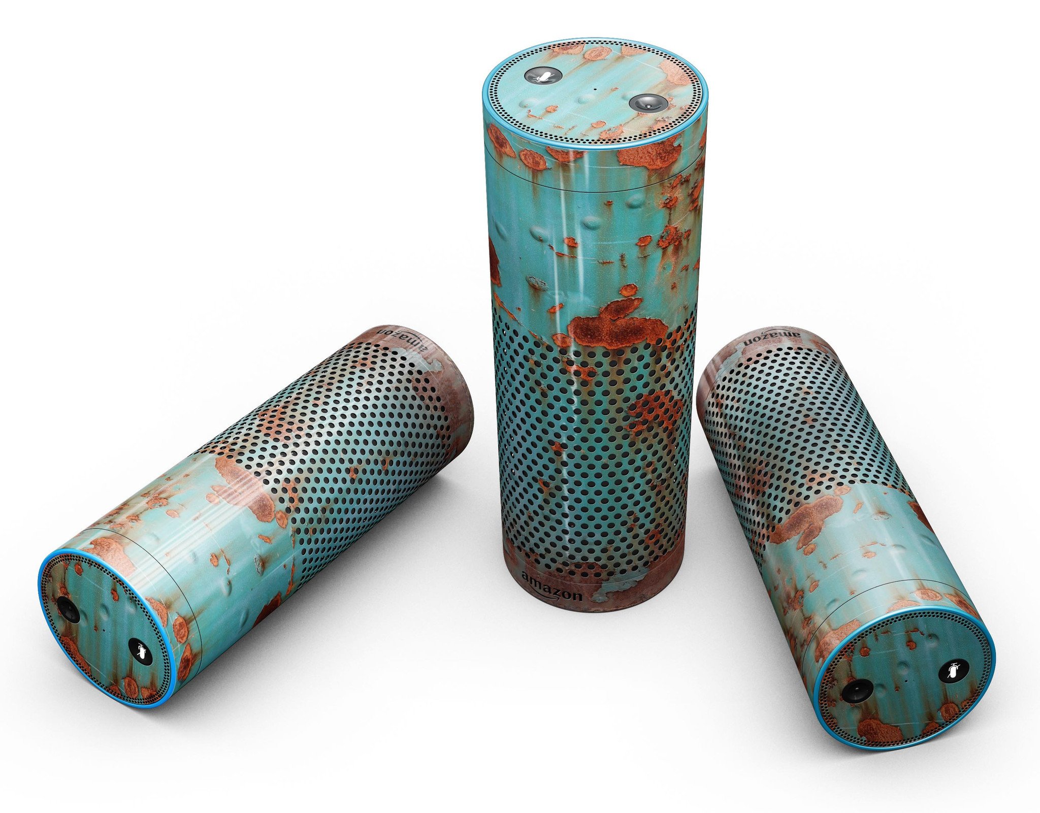 Teal Painted Rustic Metal skin-kit for Amazon Echo, showcasing a stylish design with precise cutouts for buttons and ports.